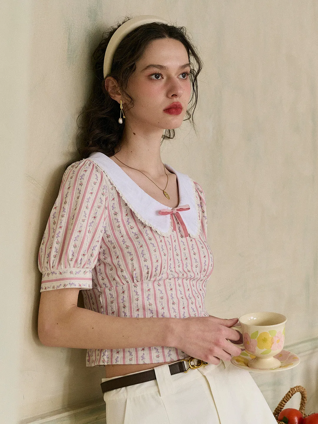 ??Final Sale??Madalyn Doll Collar Floral Bow Stripe Puff Sleeves Fit Top Multi Panel Construction Flexible Knit Blend