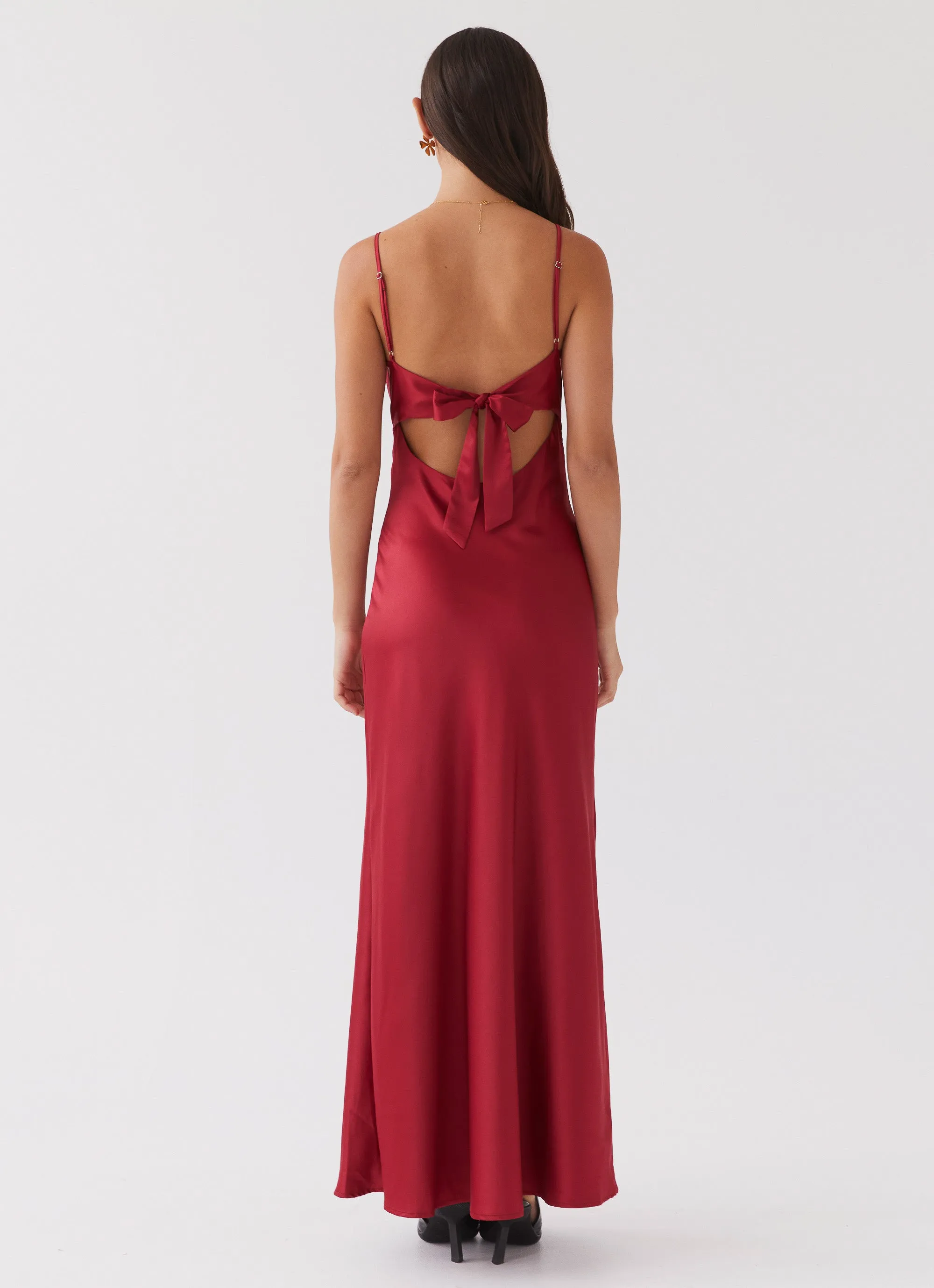 Flora Satin Maxi Dress - Cherry Back-Pocket