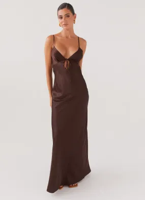 Peplum-Style Trendy Vibes Flora Satin Maxi Dress - Chocolate