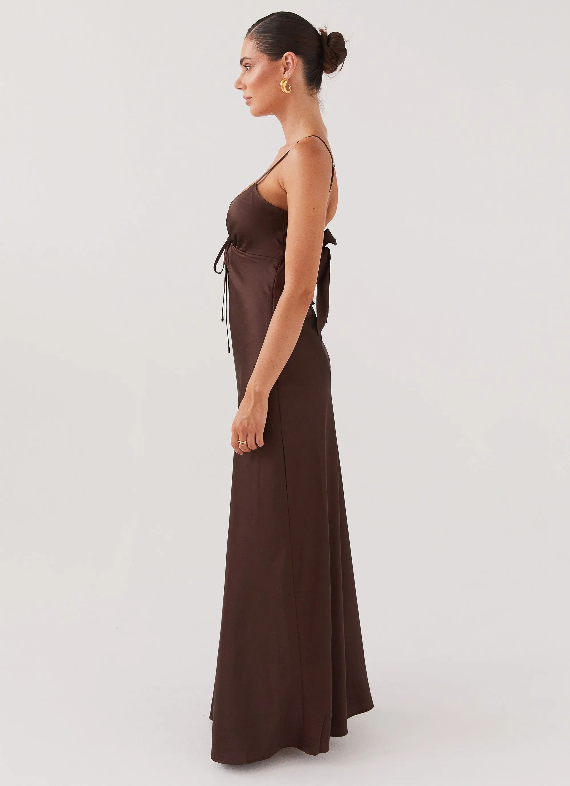 Flowing Design Fitted Base Flora Satin Maxi Dress - Chocolate