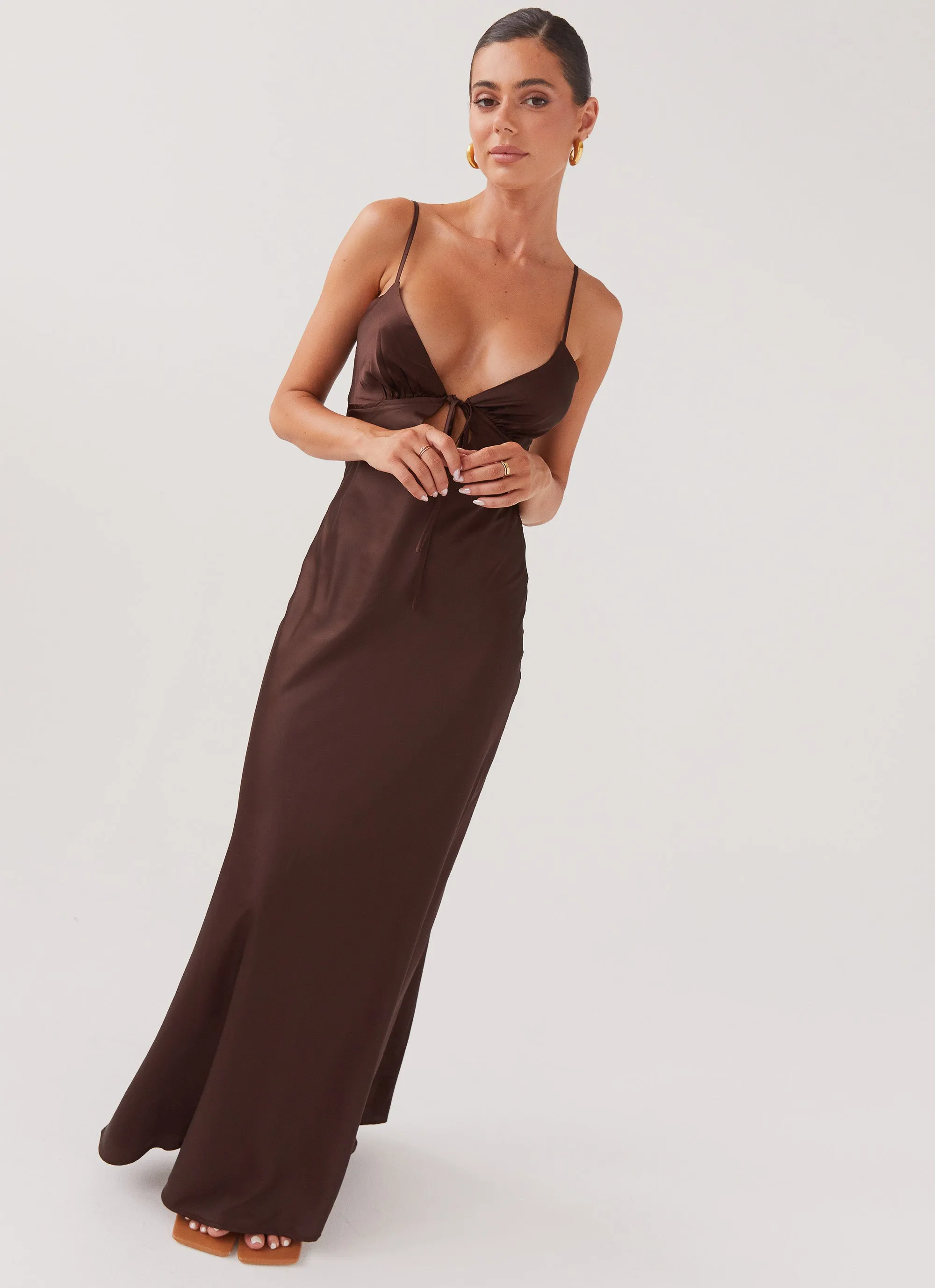 High Hemline Comfort and Elegance Flora Satin Maxi Dress - Chocolate