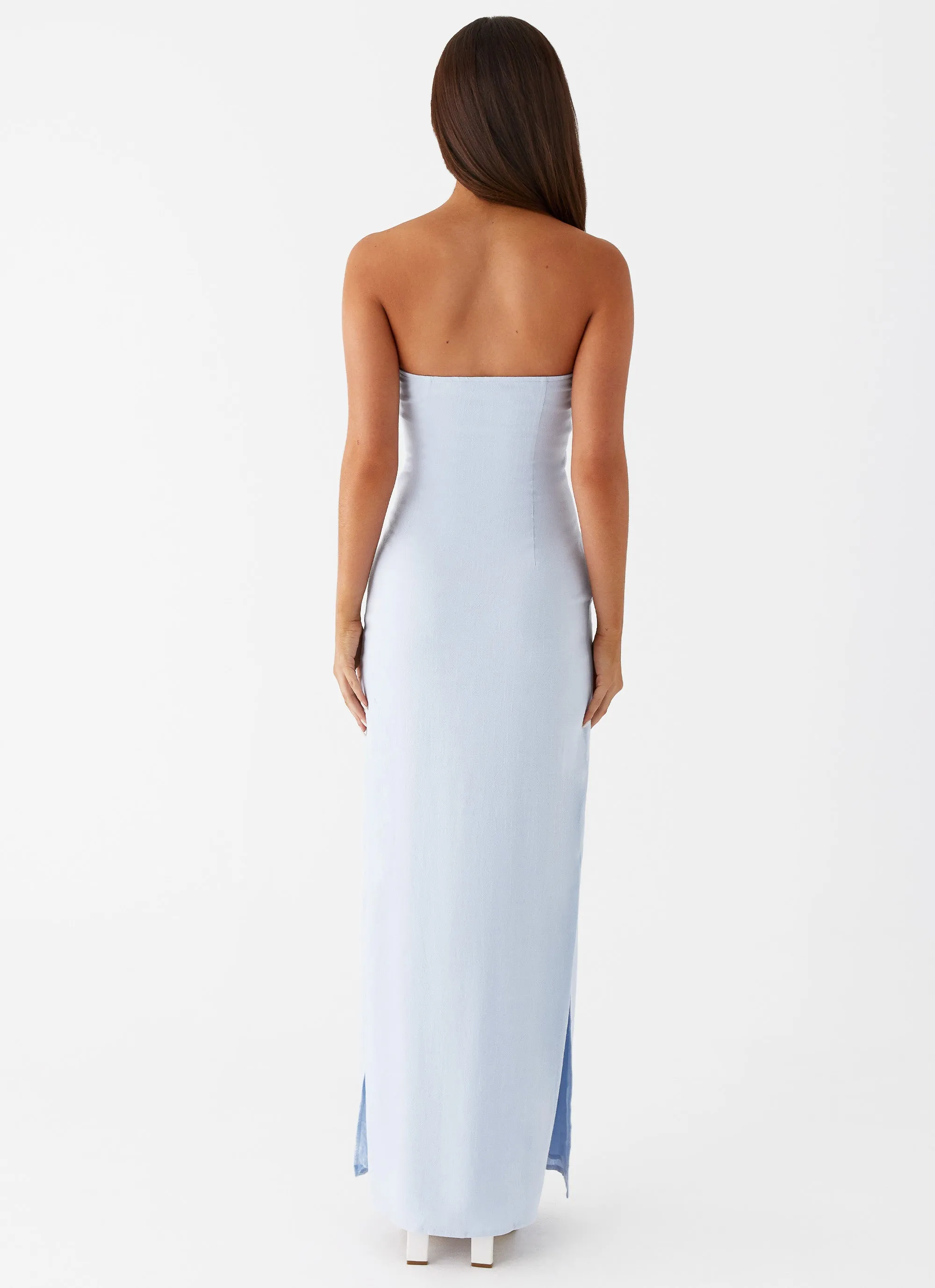 Esra Linen Strapless Maxi Dress - Blue Beaded-Sleeve