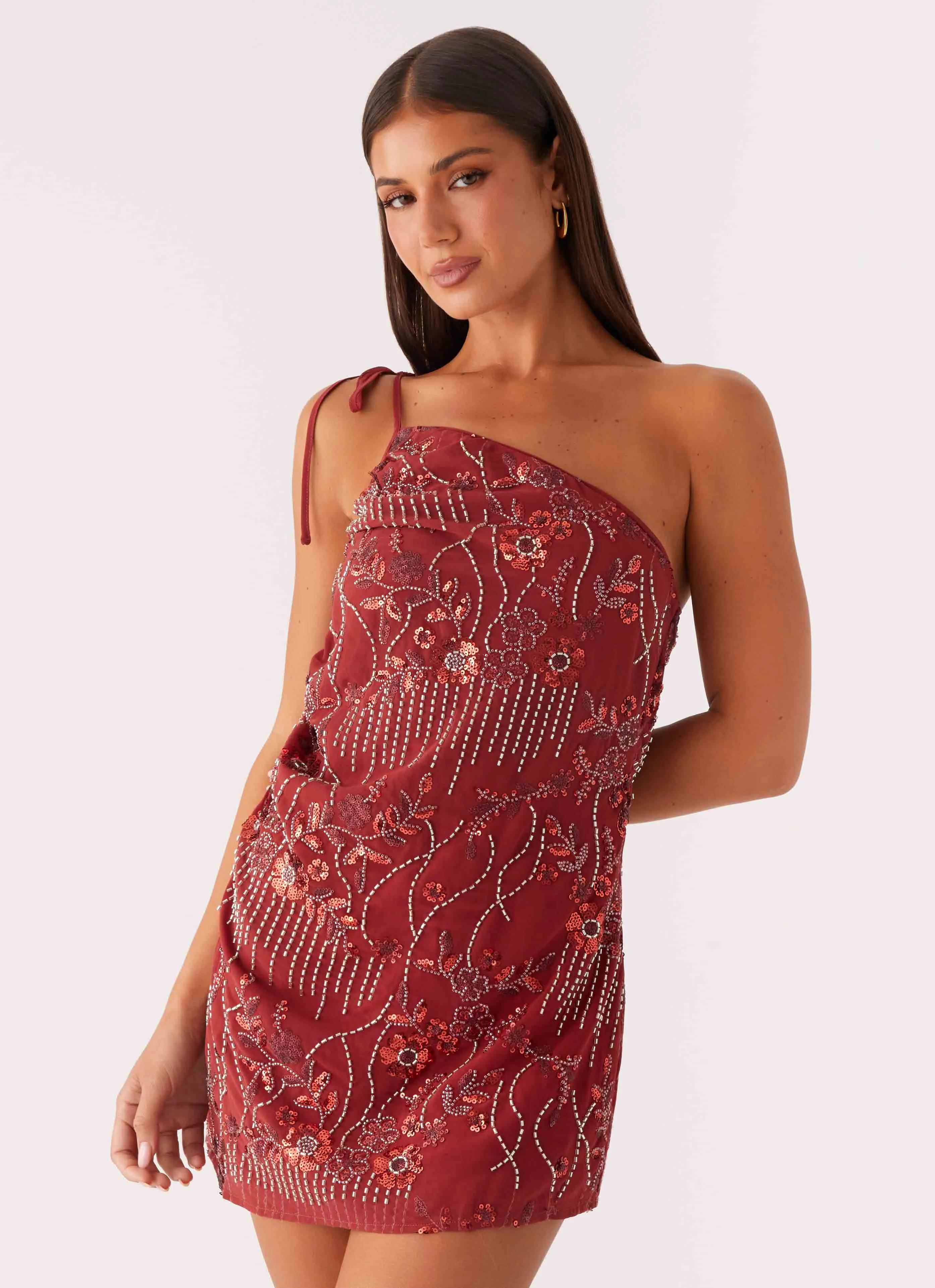Temptational Beaded One Shoulder Mini Dress - Rust Natural Mood All Day Comfort