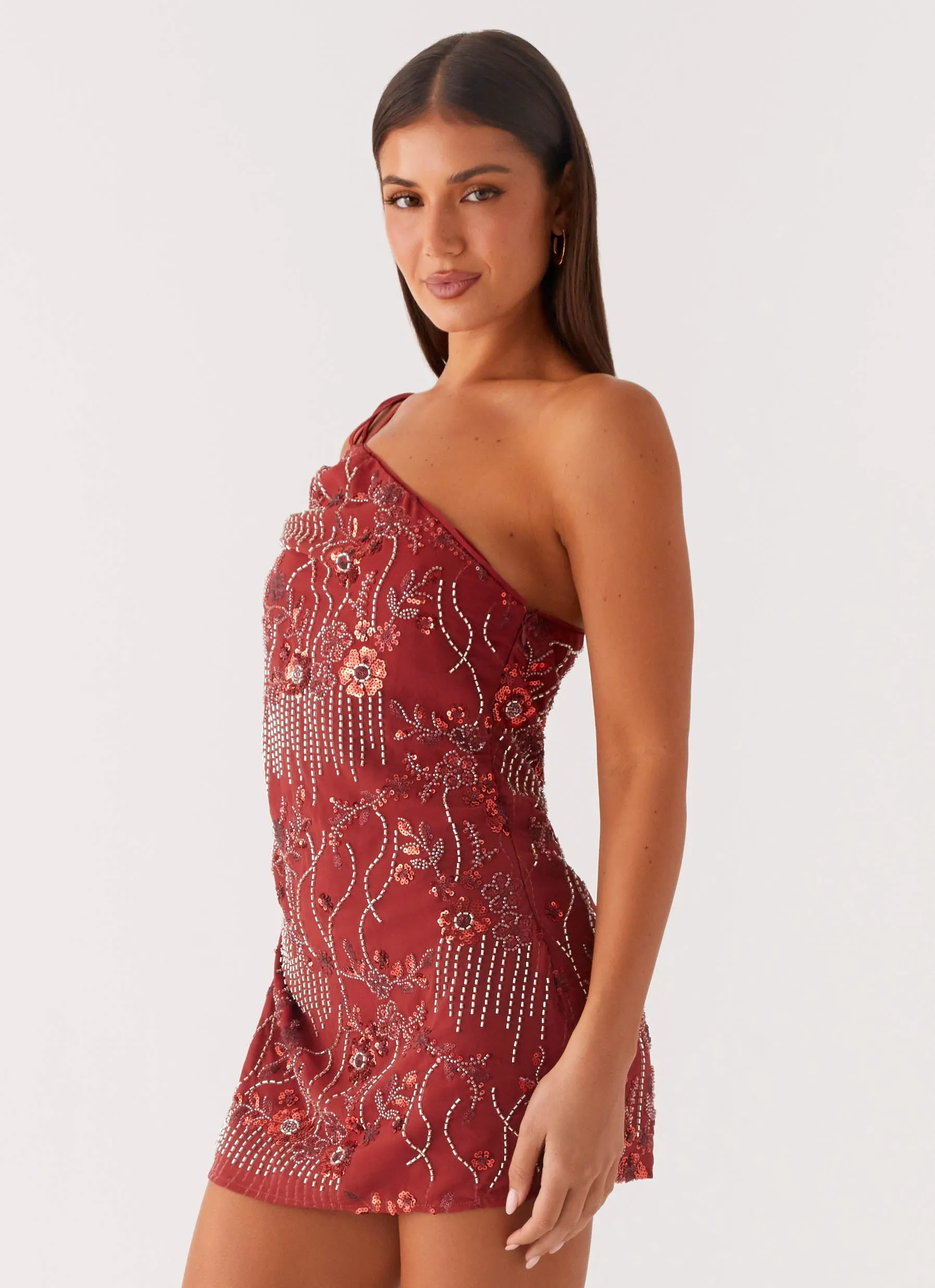 Temptational Beaded One Shoulder Mini Dress - Rust Feminine empire waist dress Romantic-Detail