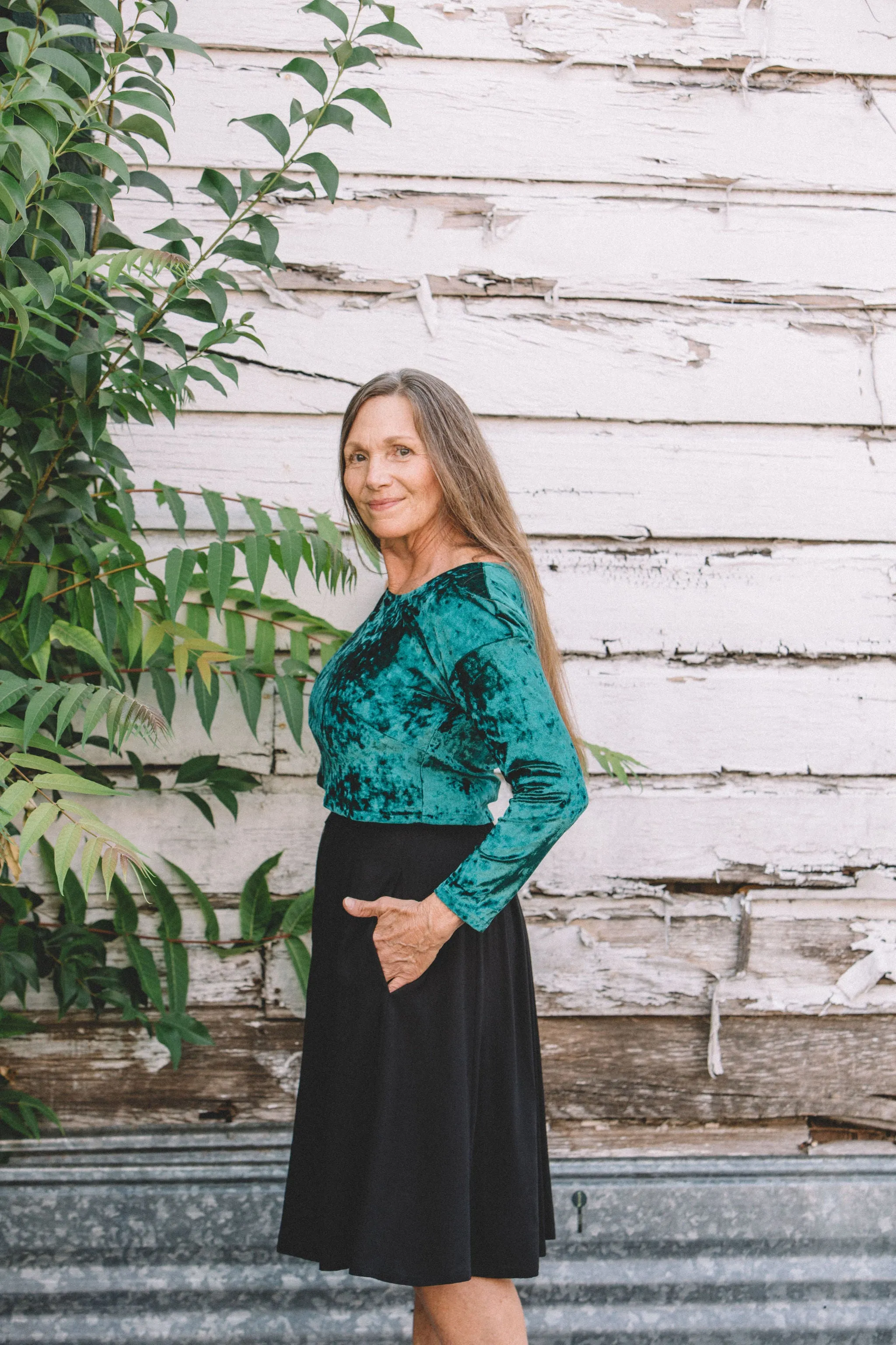 Shelby Crop Top in Spruce Crushed Velvet Relaxed Look