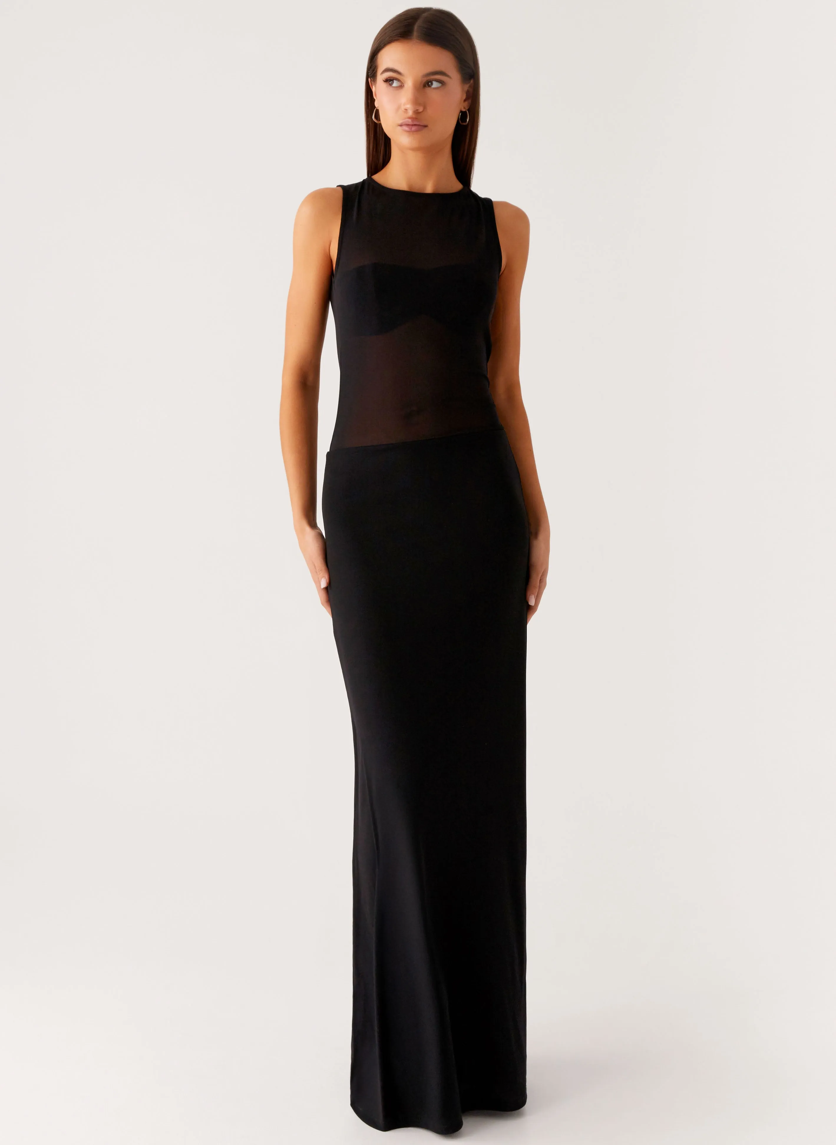 Asymmetrical hem lyria Mesh Maxi Dress - Black