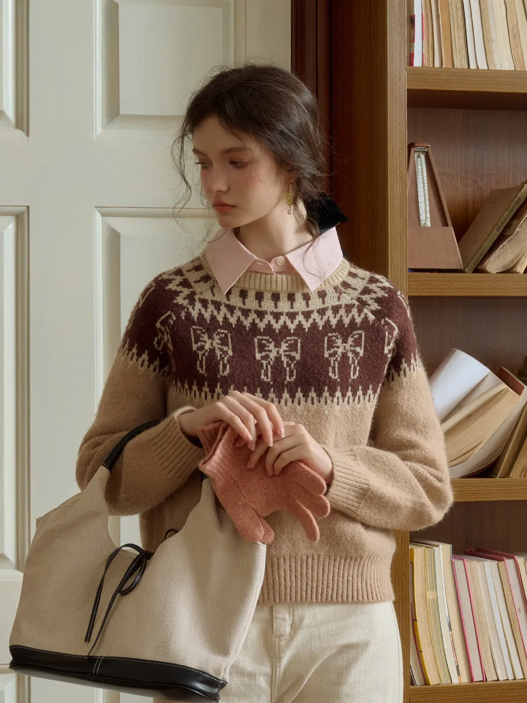 Snag Resistant Surface NonChafeCollarTech Amayah Sweet Bow Jacquard Classic Crew Neck Fair Isle Sweater