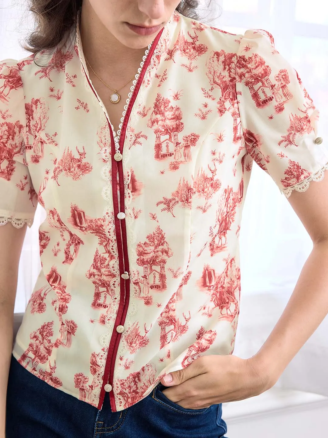 Briana Printed Stand Collar Blouse EthicallySourced FeatherlightConstruction