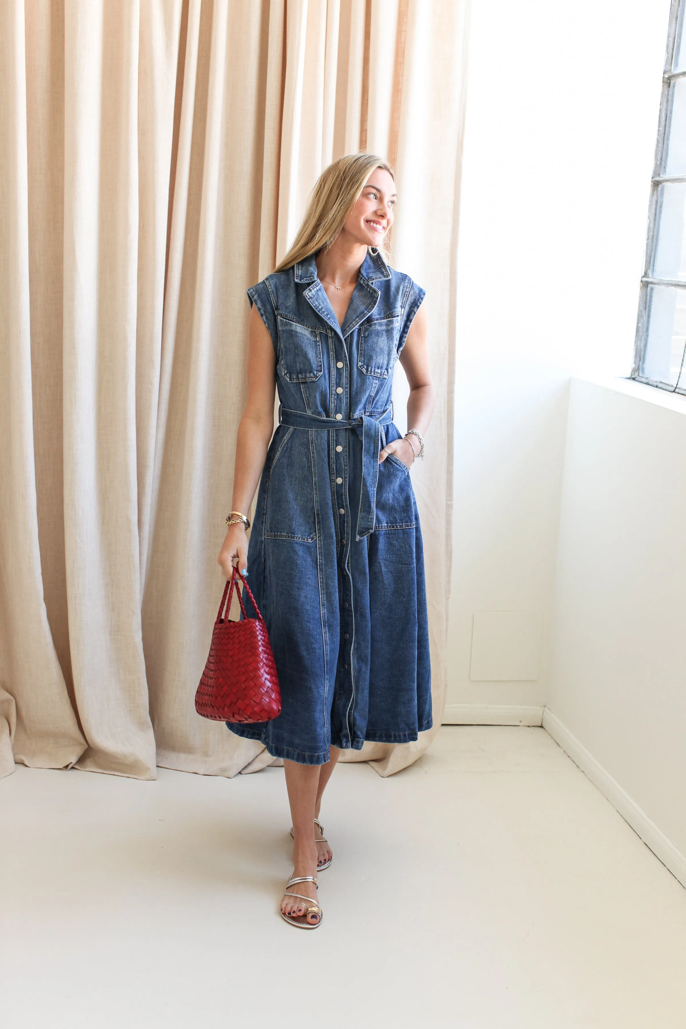 Hook-And-Eye Soft Stretch Frances Denim Midi Dress