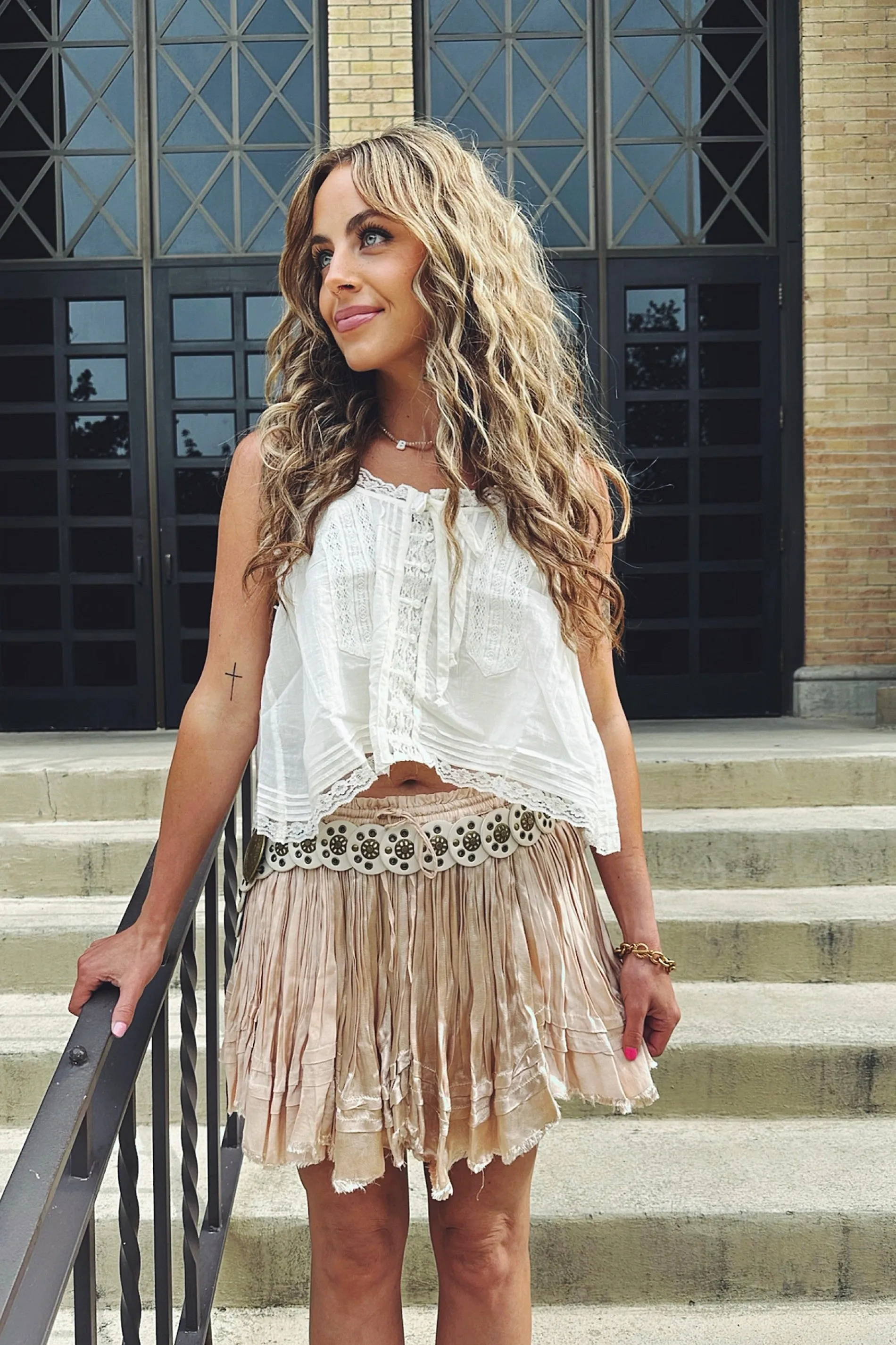 Free People One Third Charm Shine Mini Skirt Editorial Look Patchwork Design