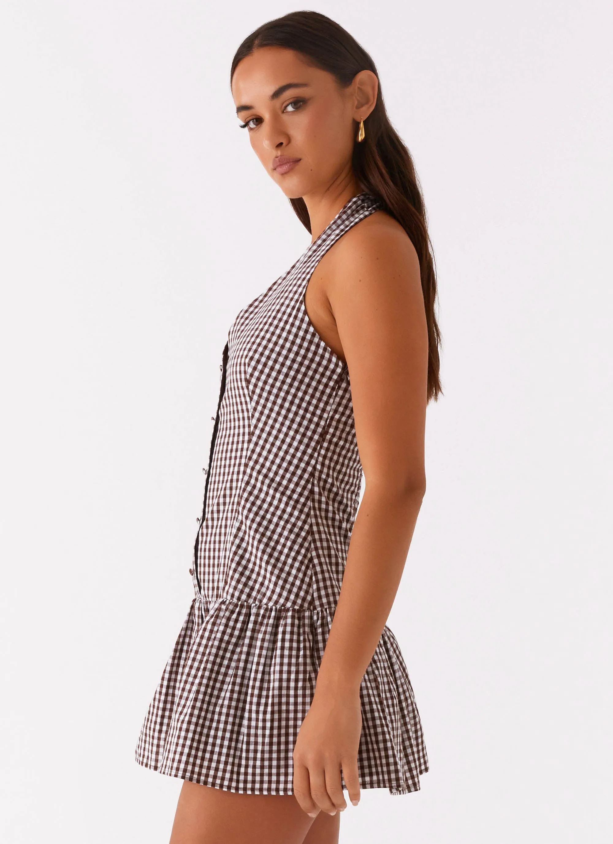 New Look Shirred Halter Mini Dress - Chocolate Gingham Outfit Diary