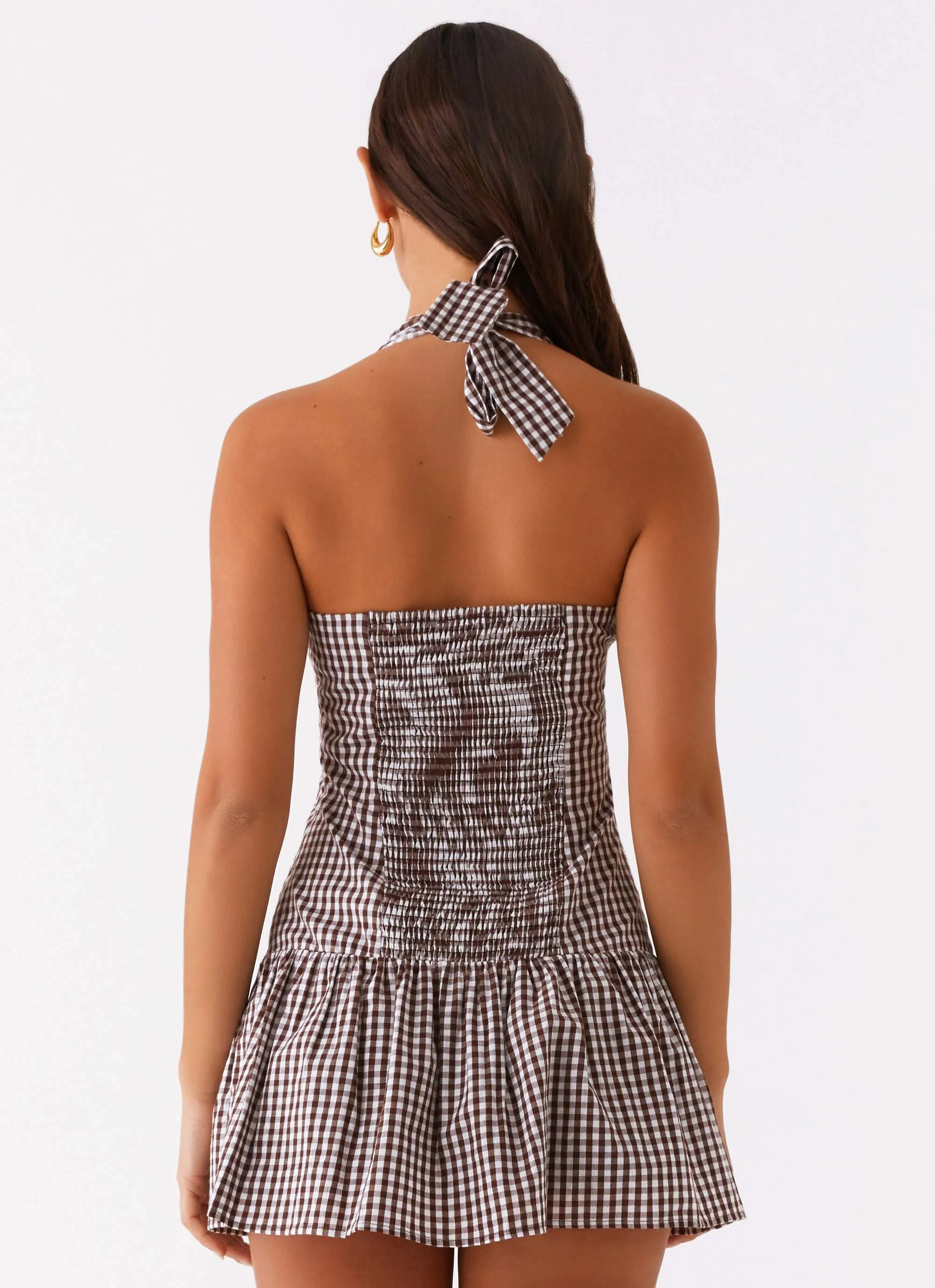 New Look Shirred Halter Mini Dress - Chocolate Gingham Texture Play Relax Outfit