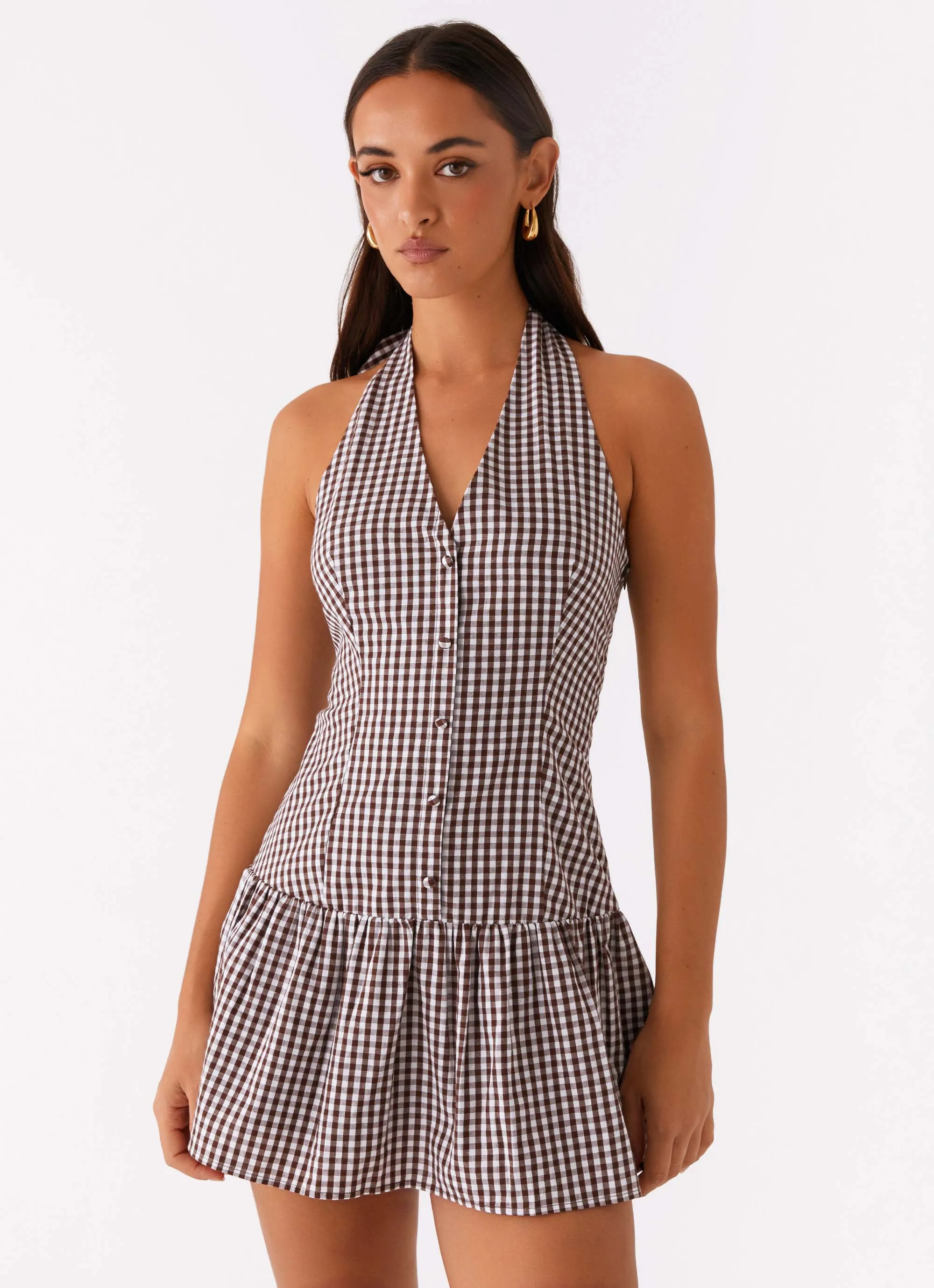 New Look Shirred Halter Mini Dress - Chocolate Gingham Cultural Heritage