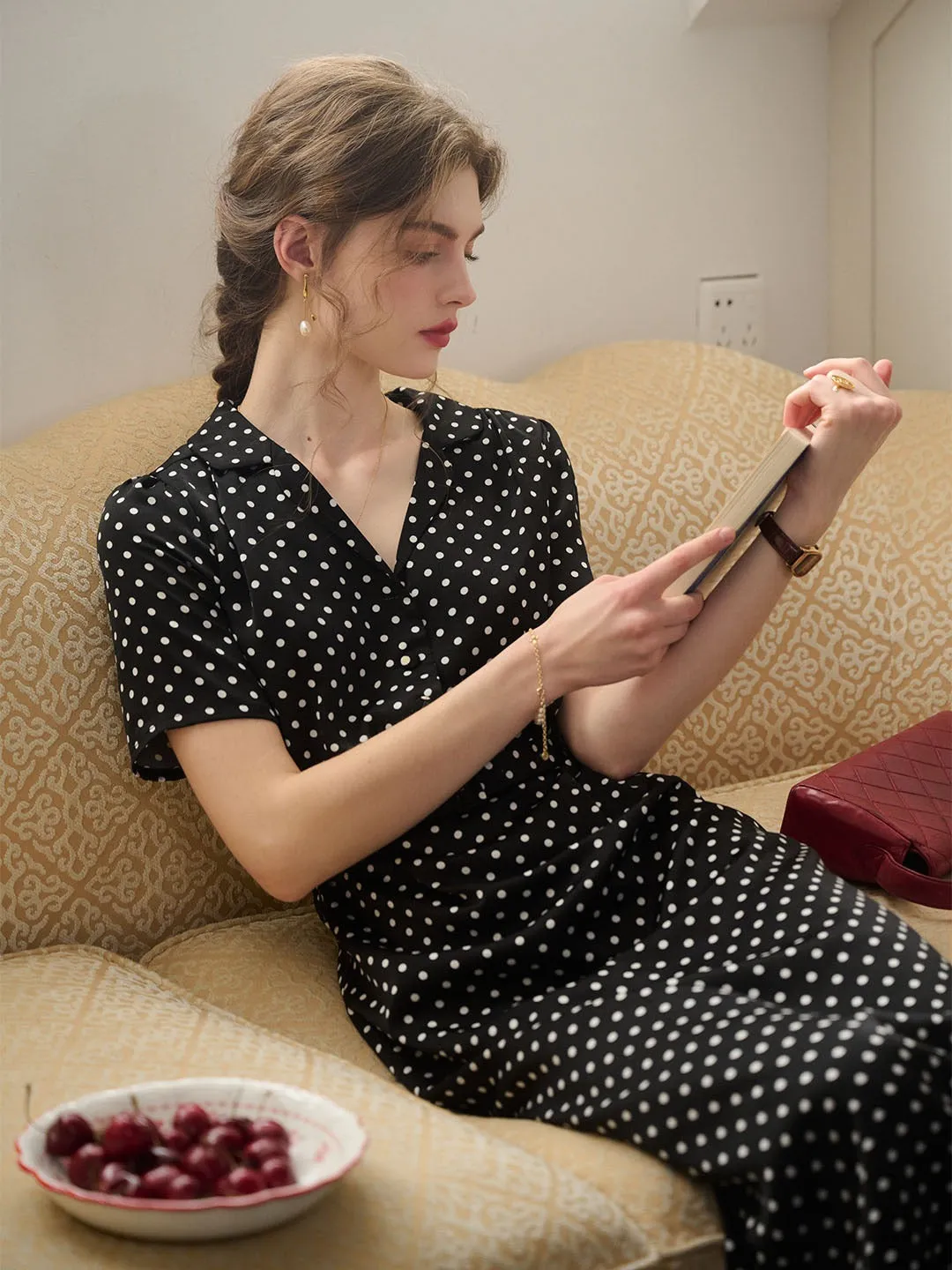 Baylee French Retro Polka Dot V-Neck Dress Dual Tones Flattering Look Fit