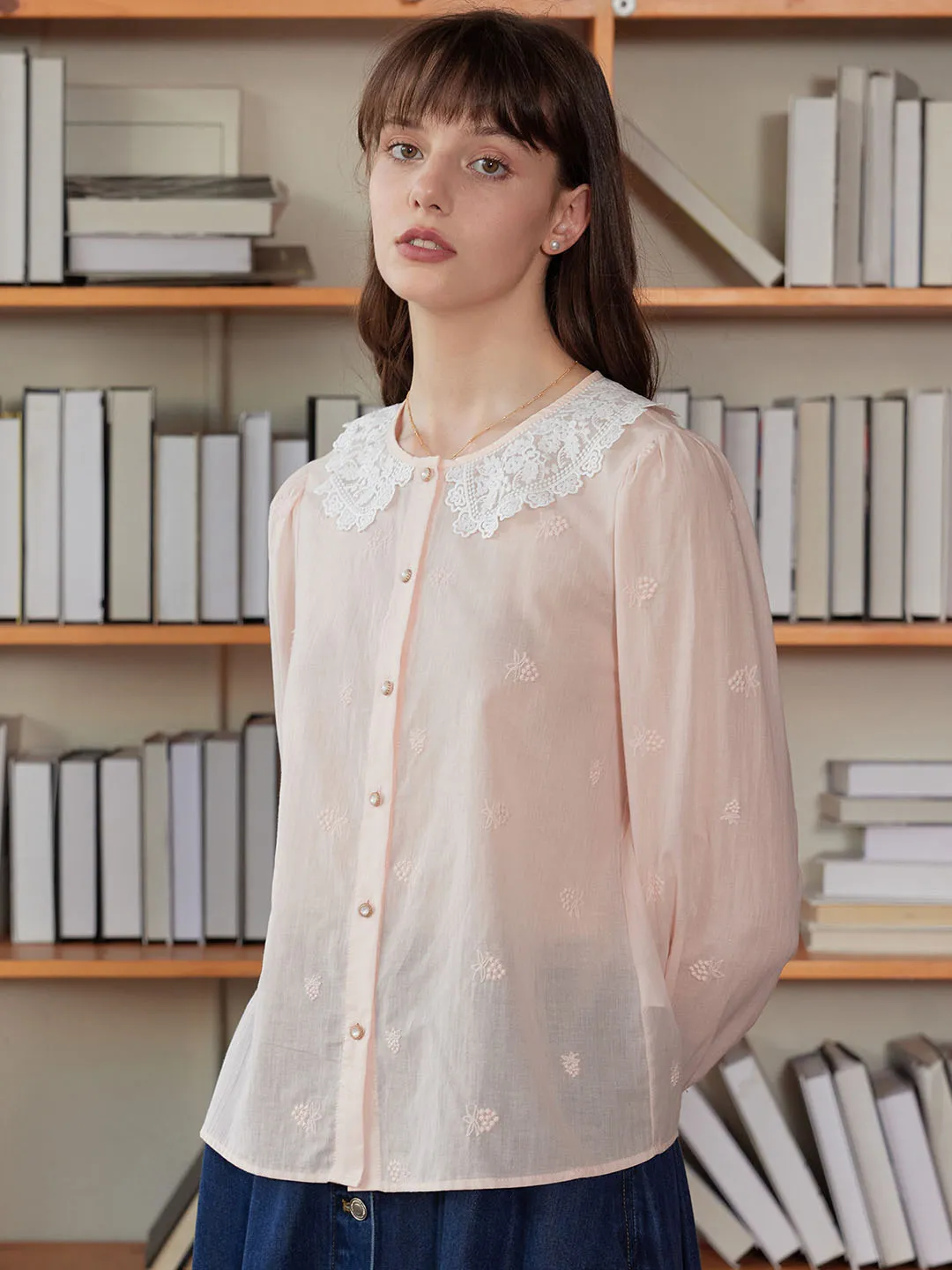 Placket Detailing HypoallergenicFibers ??Final Sale??Neriah Raspberry Embroidered Peter Pan Collar Cotton Blouse