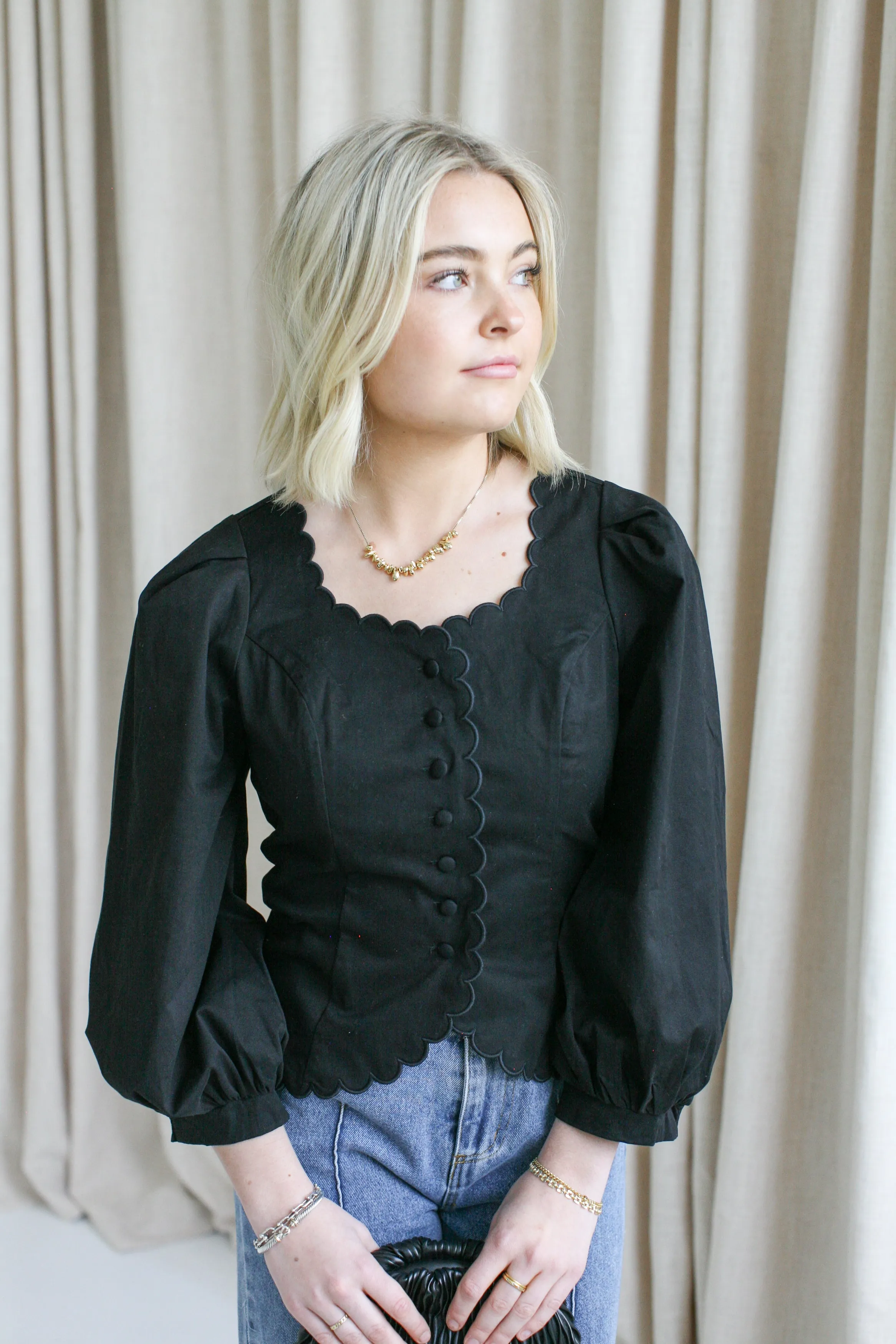 Claudia Scallop Blouse-Black Flatlock Seam Design SnagResistant