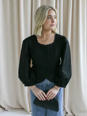 FrenchTerryTexture Claudia Scallop Blouse-Black