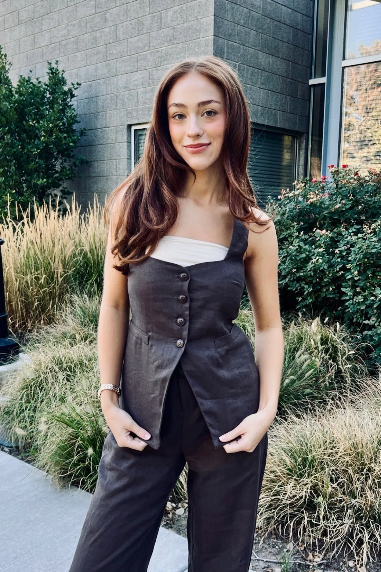 Ribbed Knit Fabric Outdoor Apparel Coffee Couture Linen Top Lux Collection