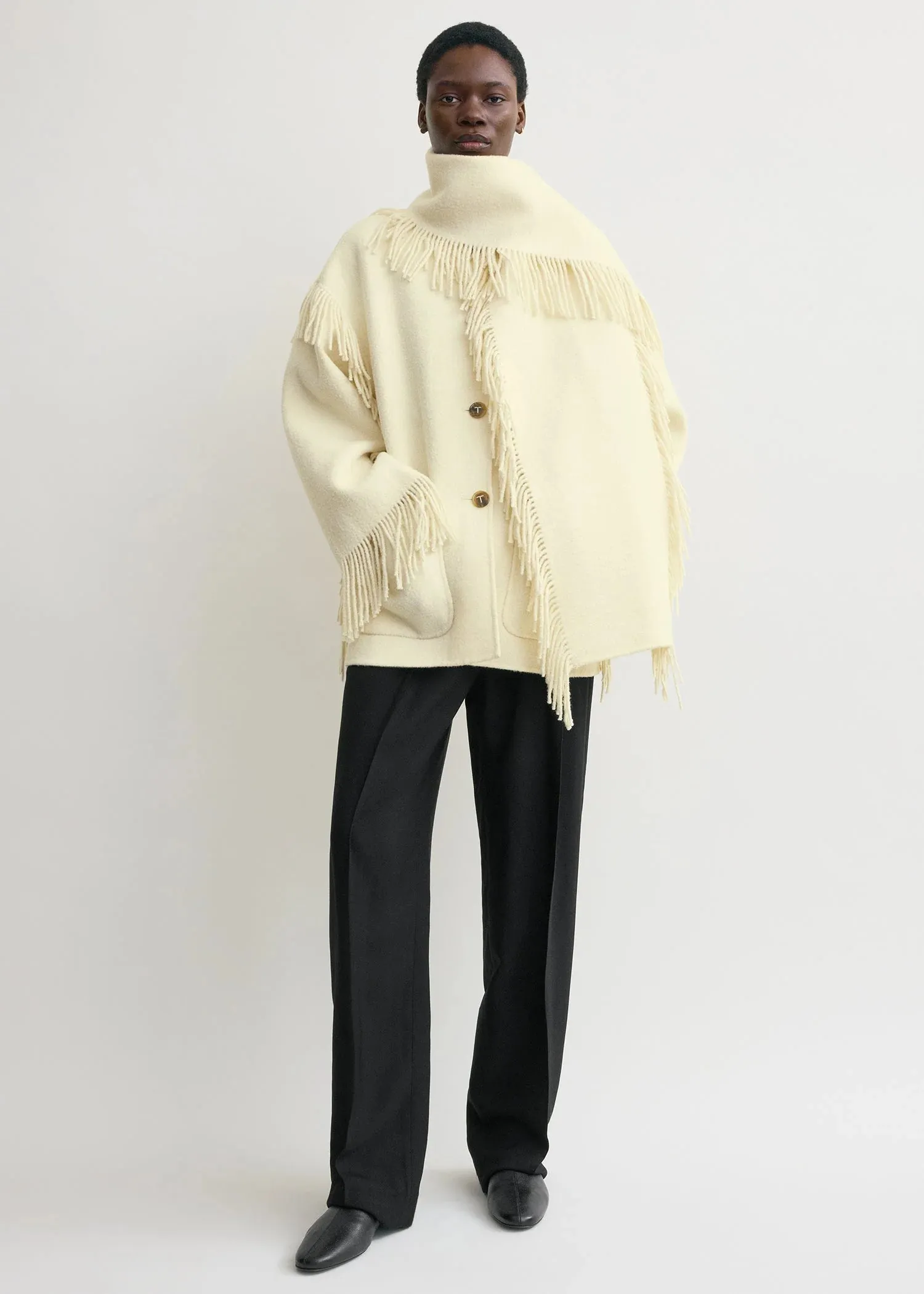 Reinforced Seams Avoid Fringed Scarf Jacket in Winter White