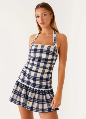 Tiered Skirt Insulating-Lining Kaylen Mini Dress - Navy Check Seersucker