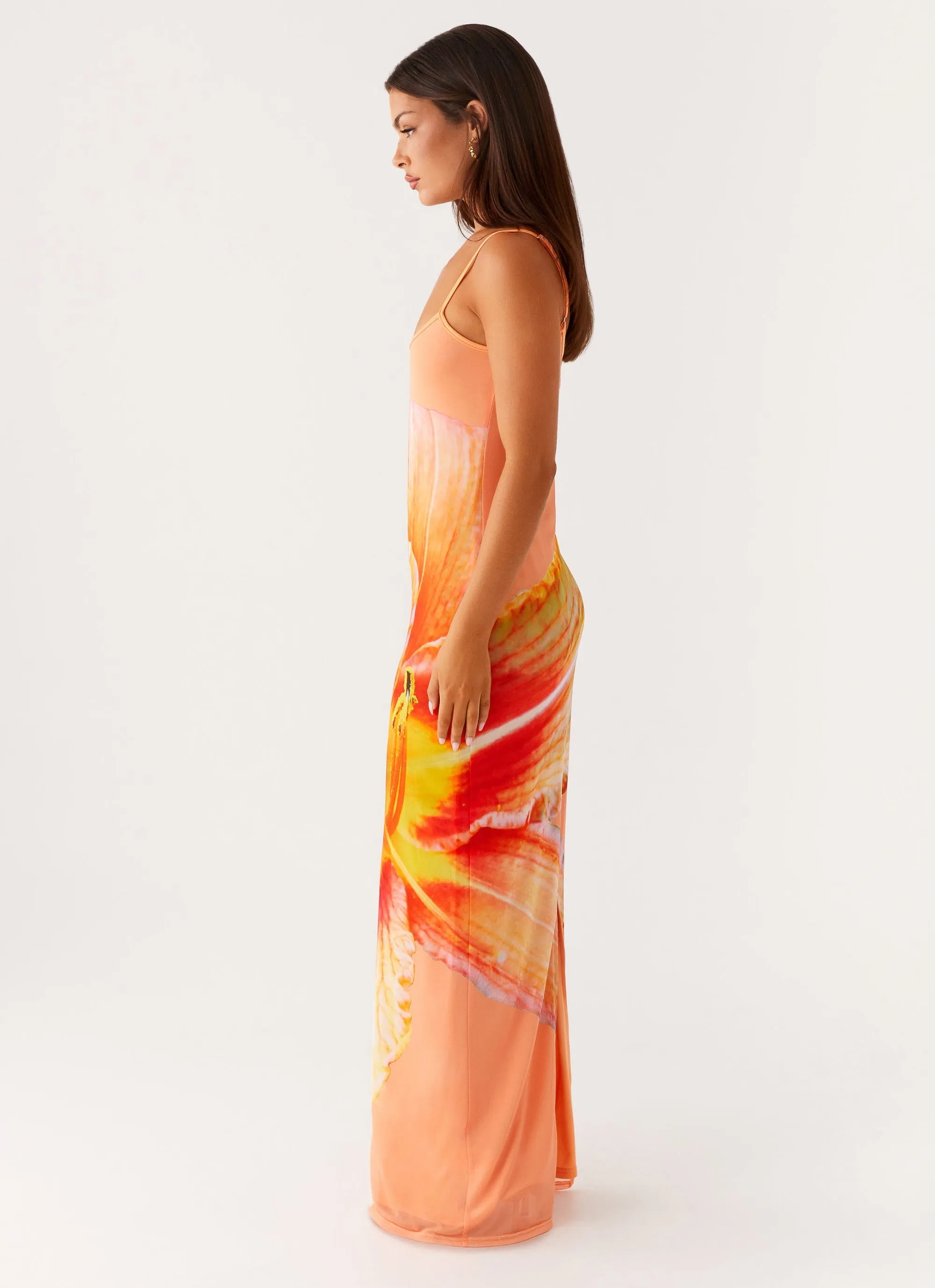 Satin-Sleeve Elegant Flow Bad News Mesh Maxi Dress - Orange Floral