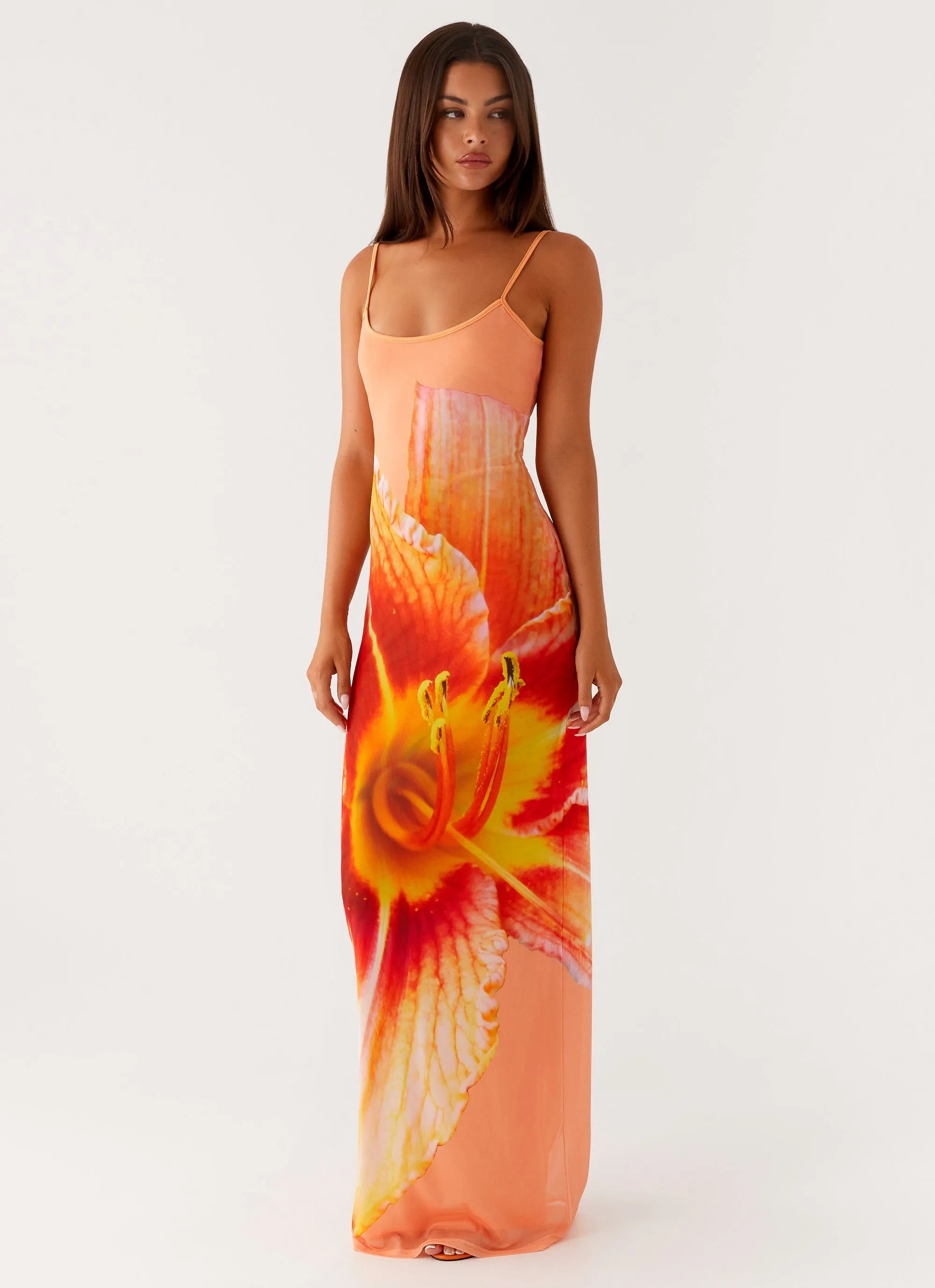 Mood Layer Bad News Mesh Maxi Dress - Orange Floral