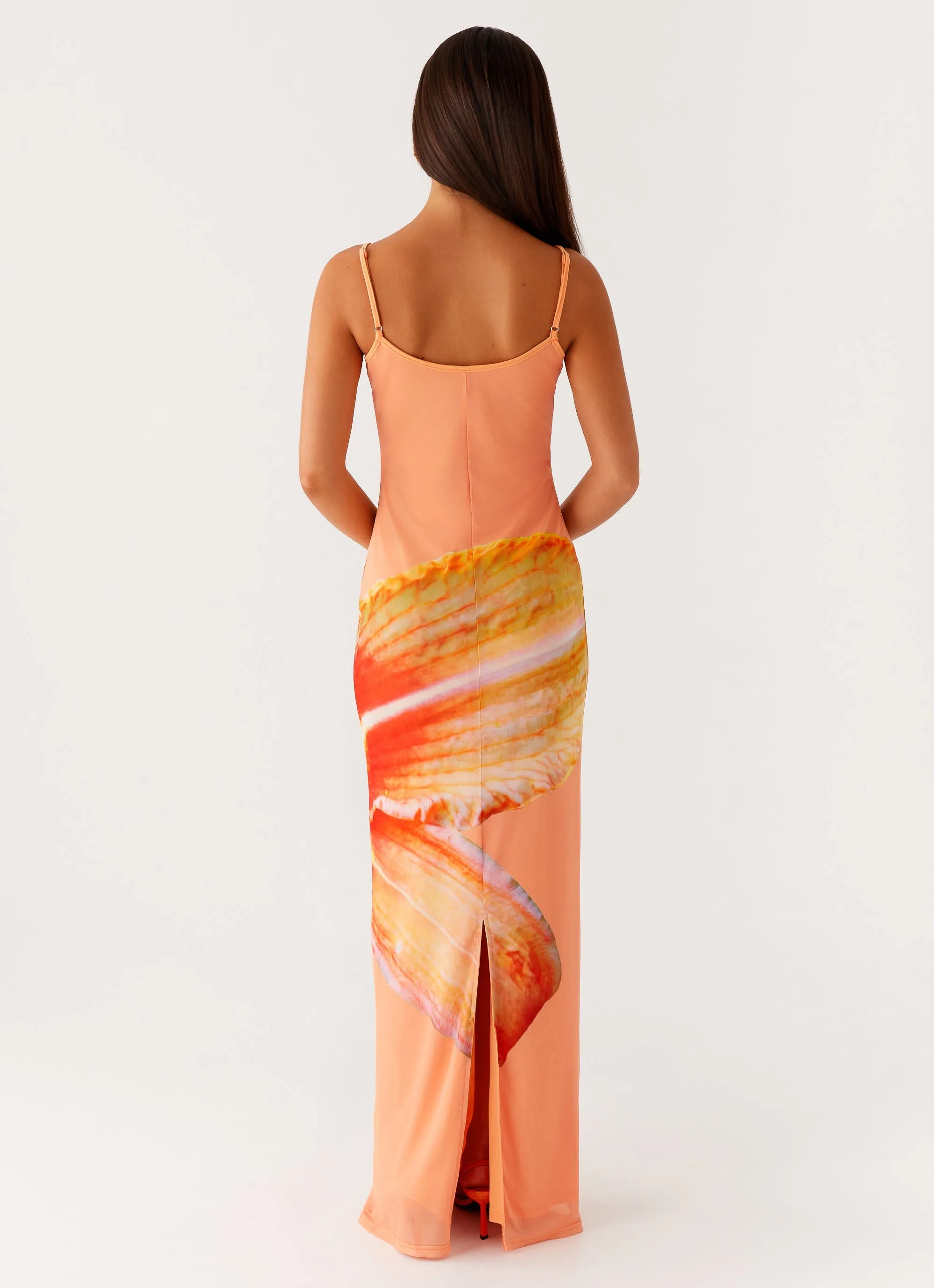 Bad News Mesh Maxi Dress - Orange Floral Balanced Tones Charming Comfort