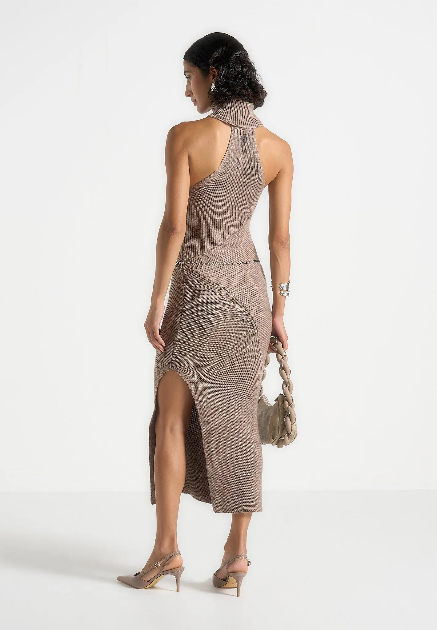 Belina - Halter Neck Knitted Maxi Dress With Chain - Taupe Skin-friendly Layer Ready