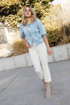 Wrinkle Resistant Textile Lightweight Knit Knot Your Average Denim Top Lux Collection