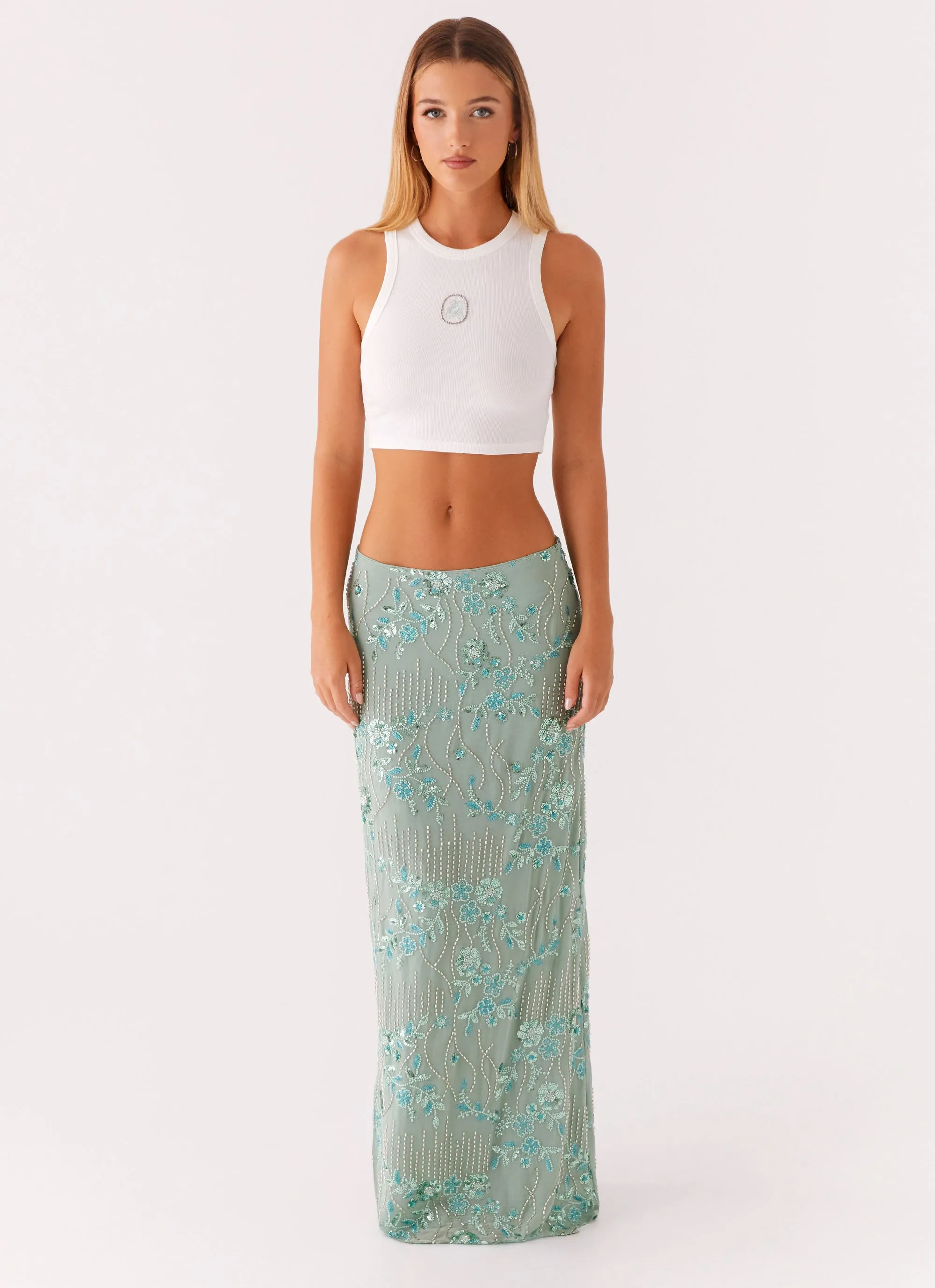 Midi length Weekend Style Corinna Low Rise Sequin Maxi Skirt - Mint