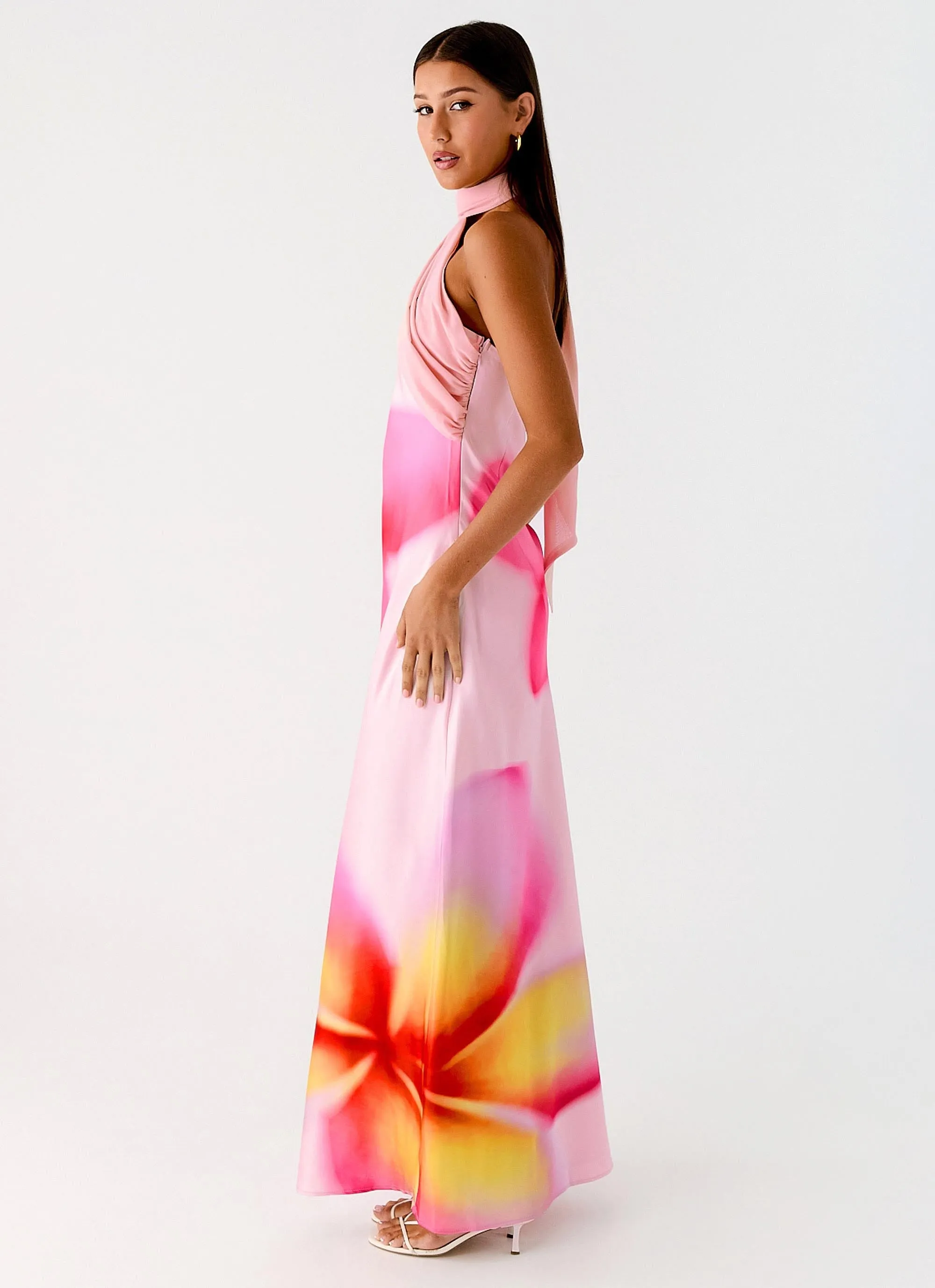 Stay Cool Flare Hem Isa Scarf Satin Maxi Dress - Frangipani Pink
