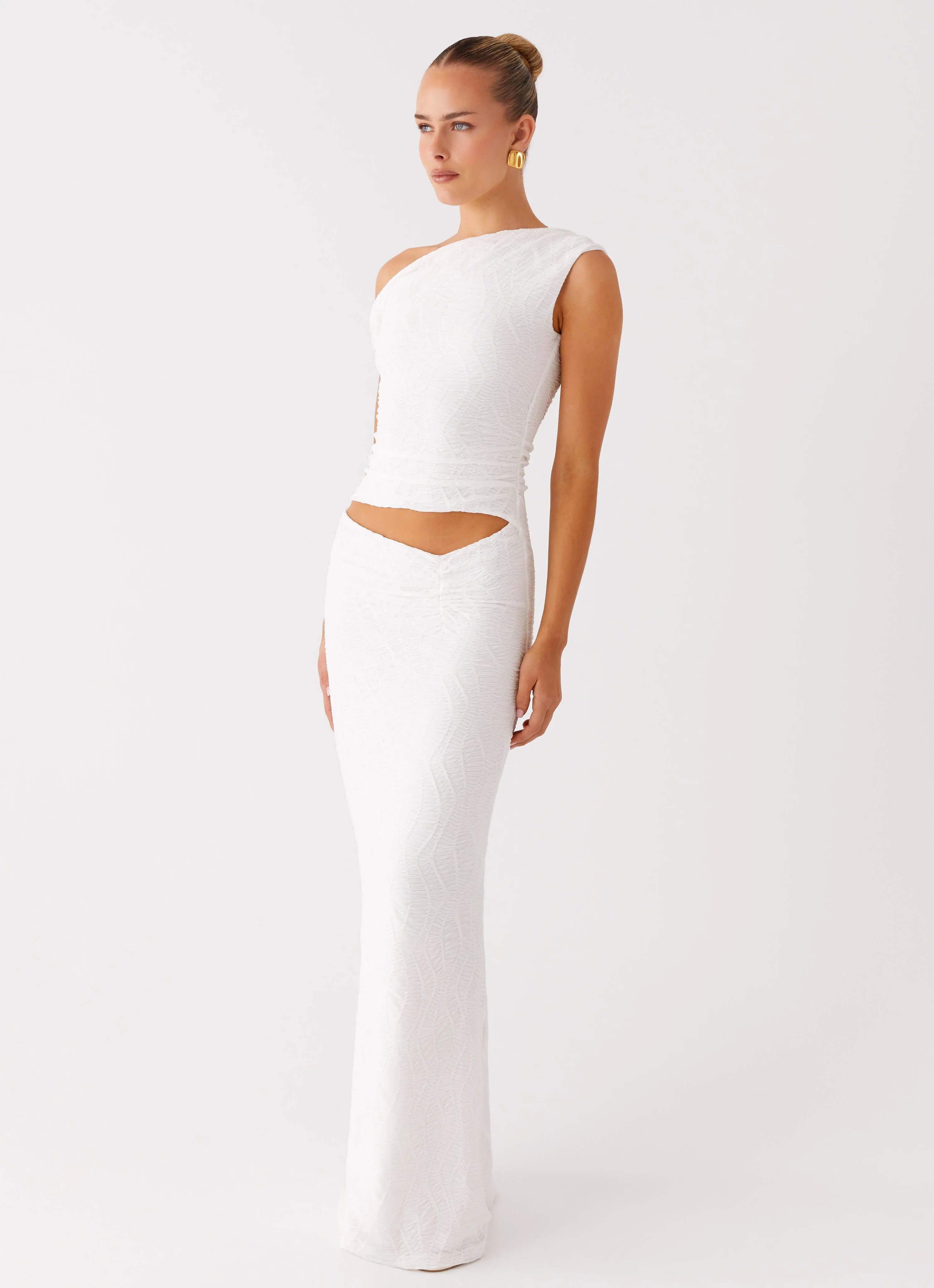 Soft Touch Statement-Buttons Galantis One Shoulder Maxi Dress - White
