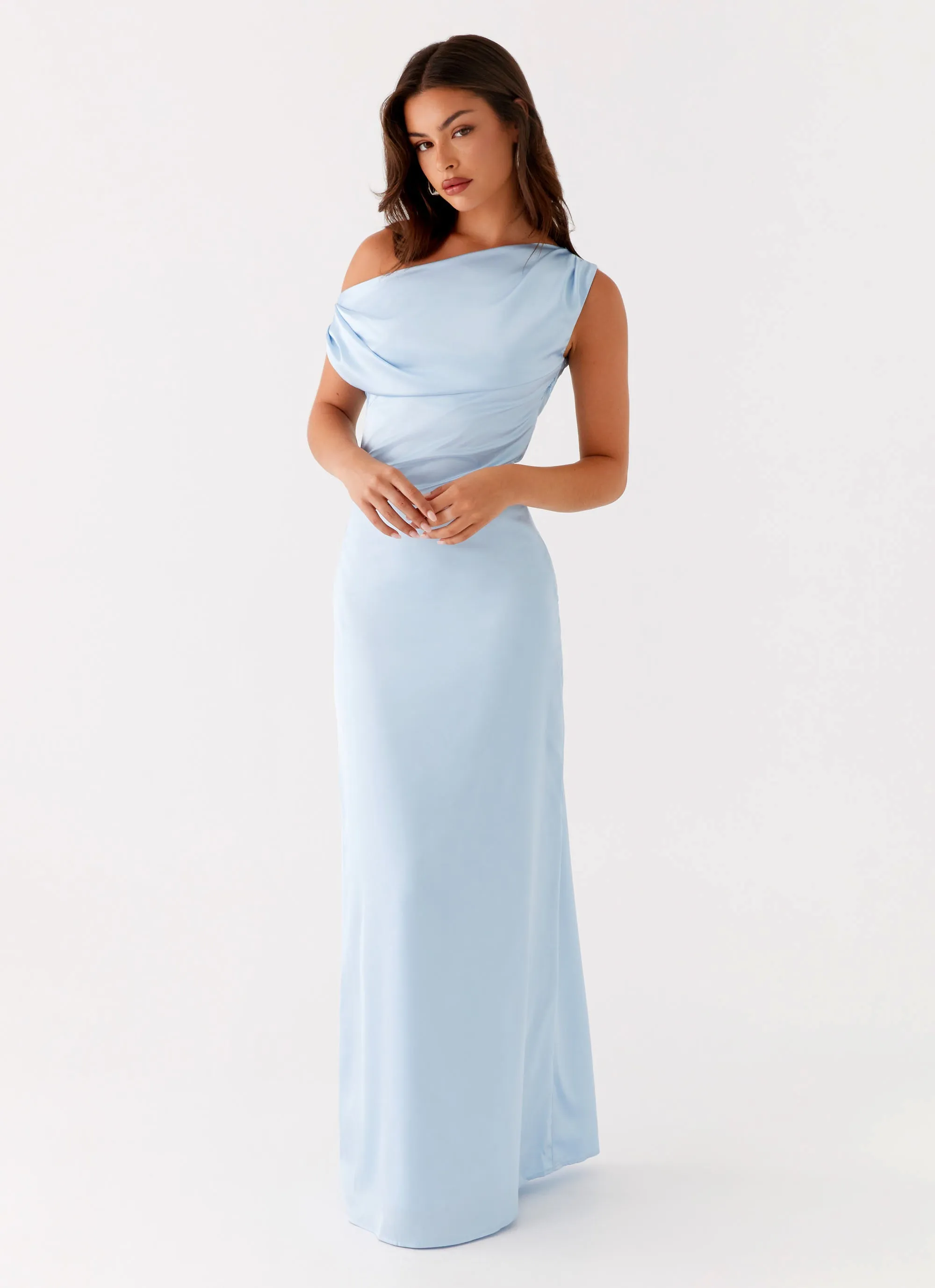 Heart Of Glass Satin Maxi Dress - Blue Flattering Silhouette Neutral Look