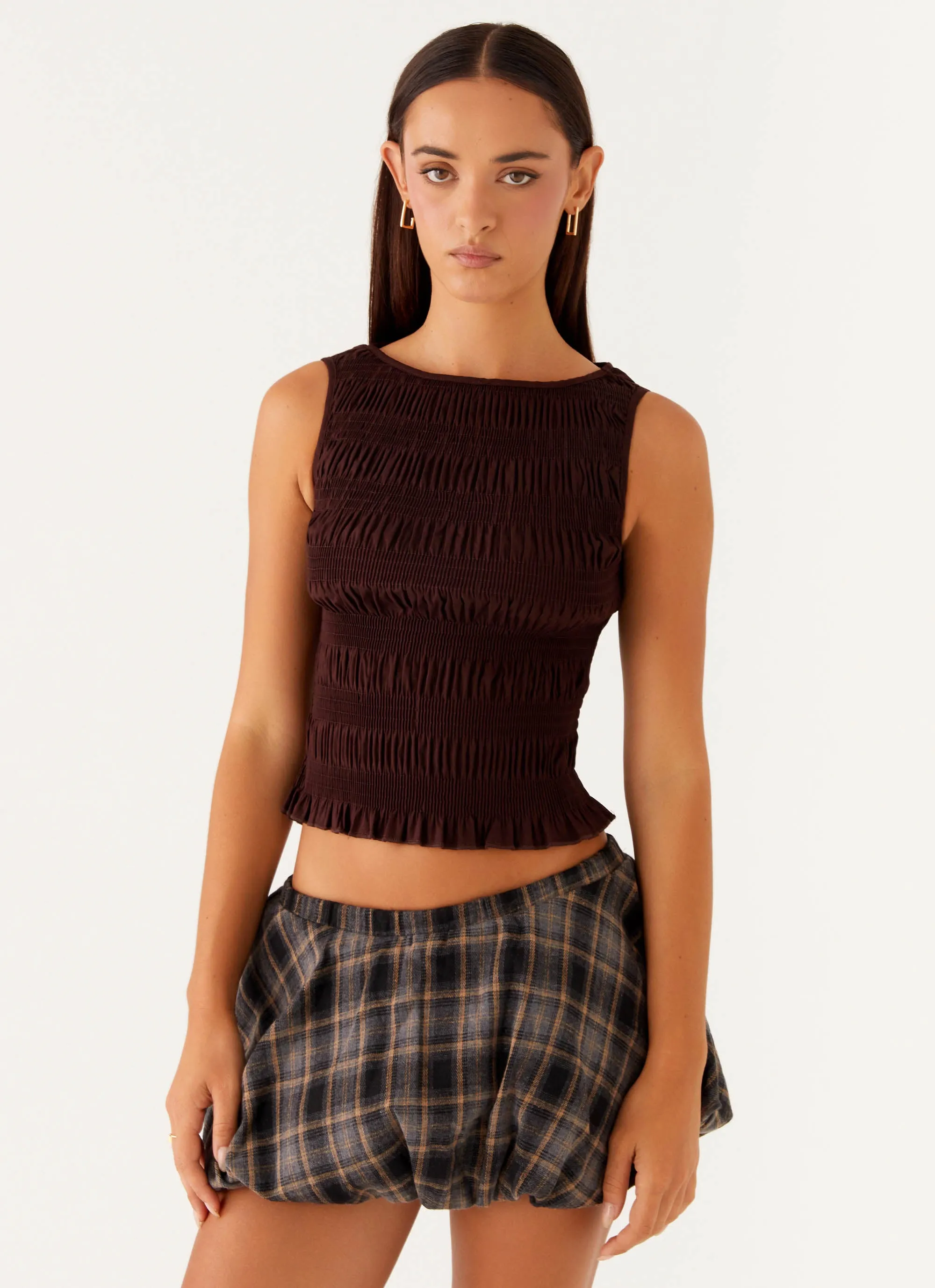 Hypoallergenic Fiber YarnDyedFabric Garden Kisses Shirred Top - Brown