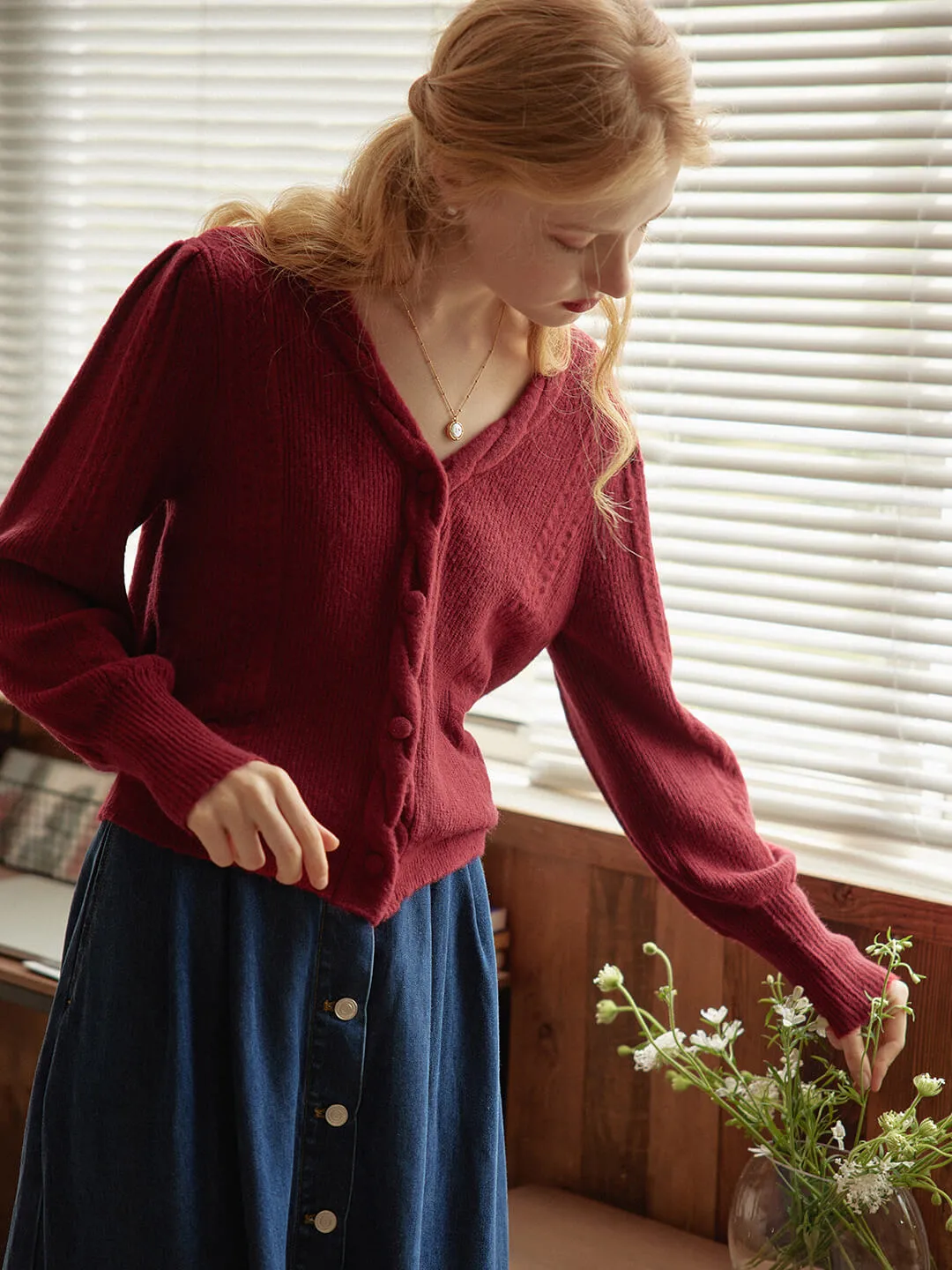 ??Final Sale??Ava Vintage Style Cable Red Knit Cardigan MoistureWicking Hypoallergenic Fiber