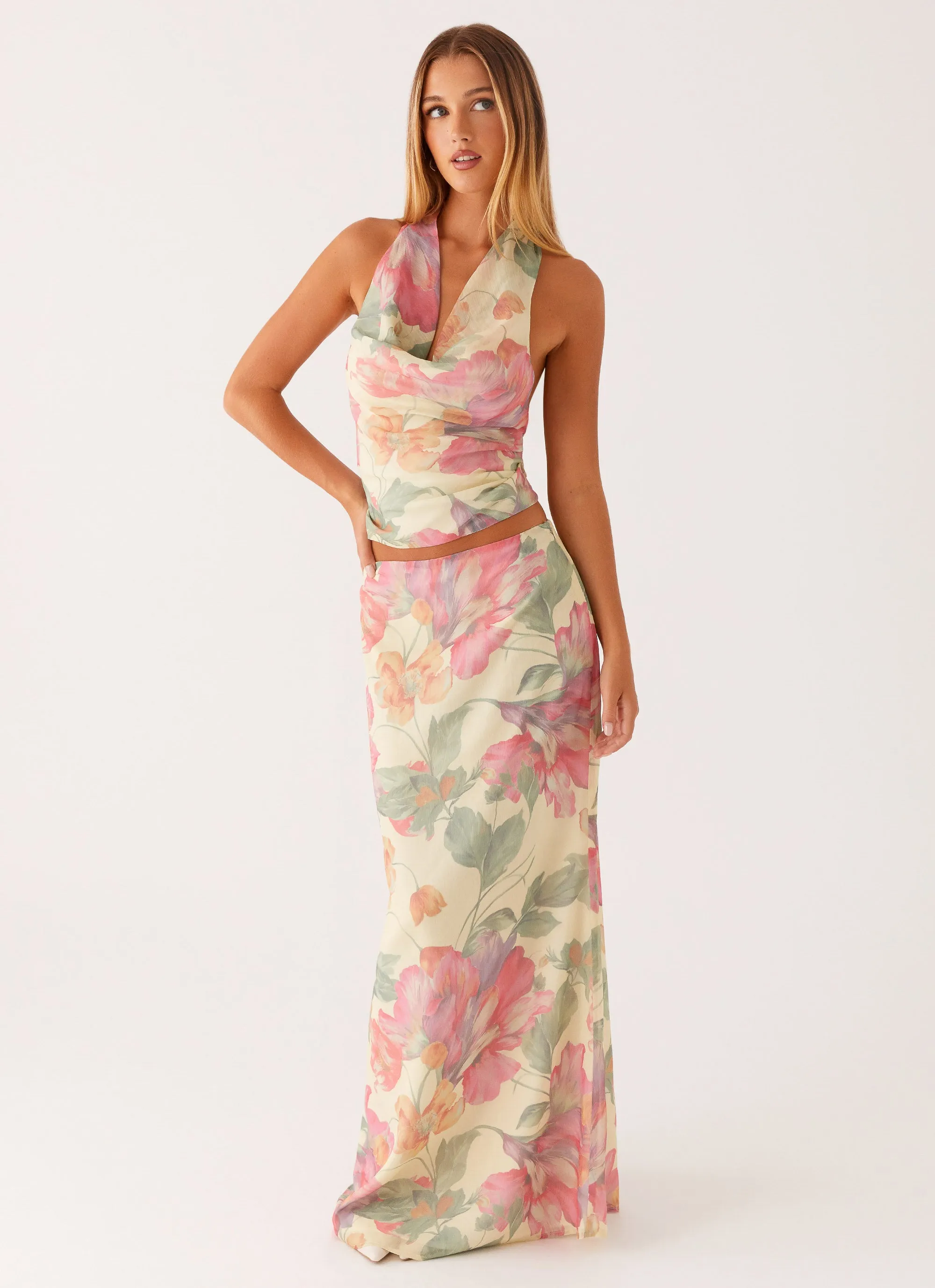 Soulful Low Rise Maxi Skirt - Yellow Peony Fold Over Design