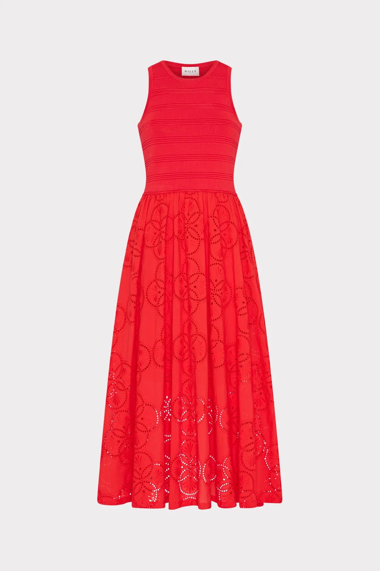 Open-back Weekend Casual Geo Eyelet Knit Combo Midi Dress