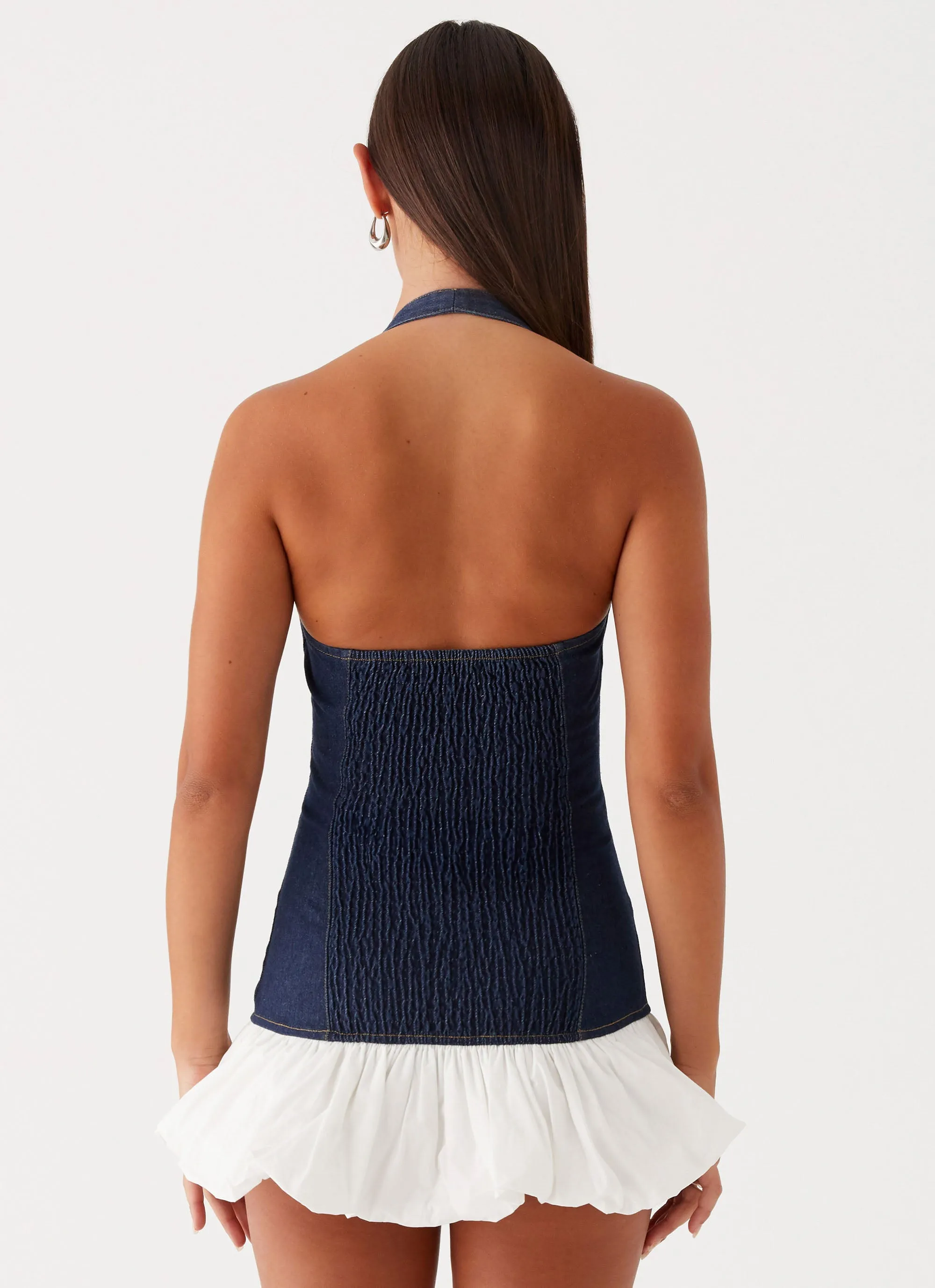 Georgina Denim Mini Dress - Blue Gathered waist