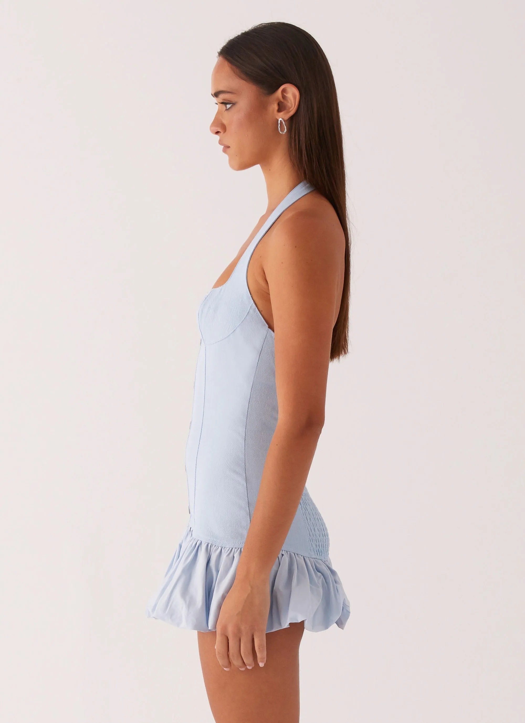Georgina Denim Mini Dress - Light Blue Street Ready High Elasticity Material