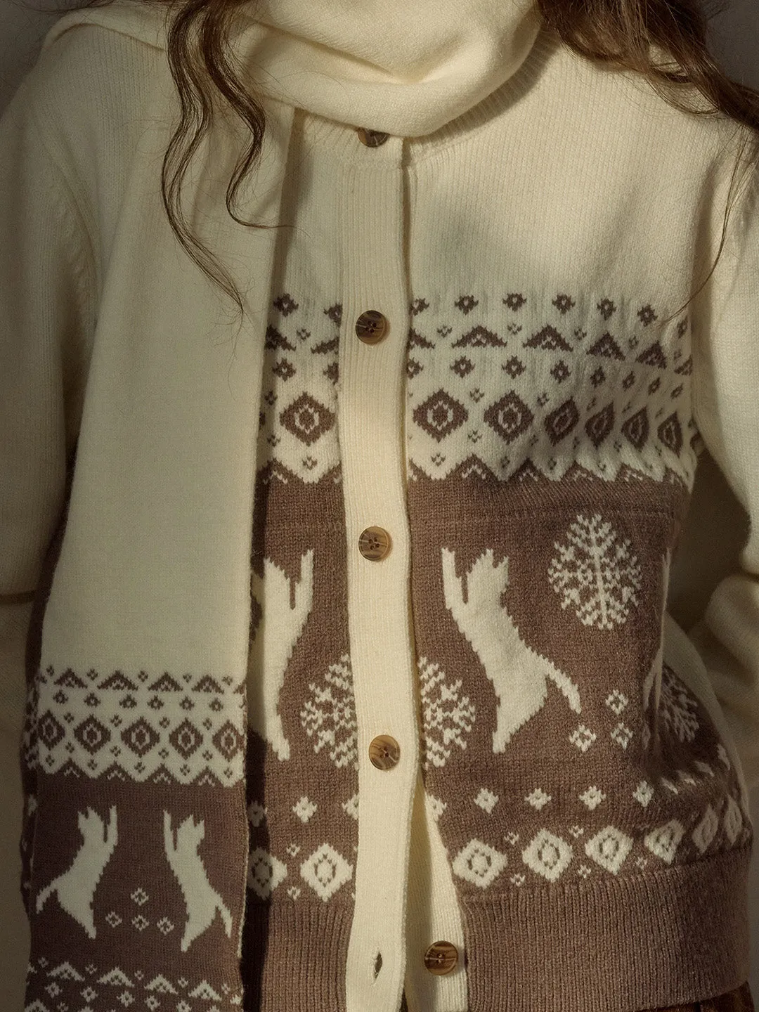 Giana SR Exclusive Cat & Snowflake Jacquard Round Neck Fair Isle Cardigan (With Scarf) AllPurpose Design NoSlip Grip