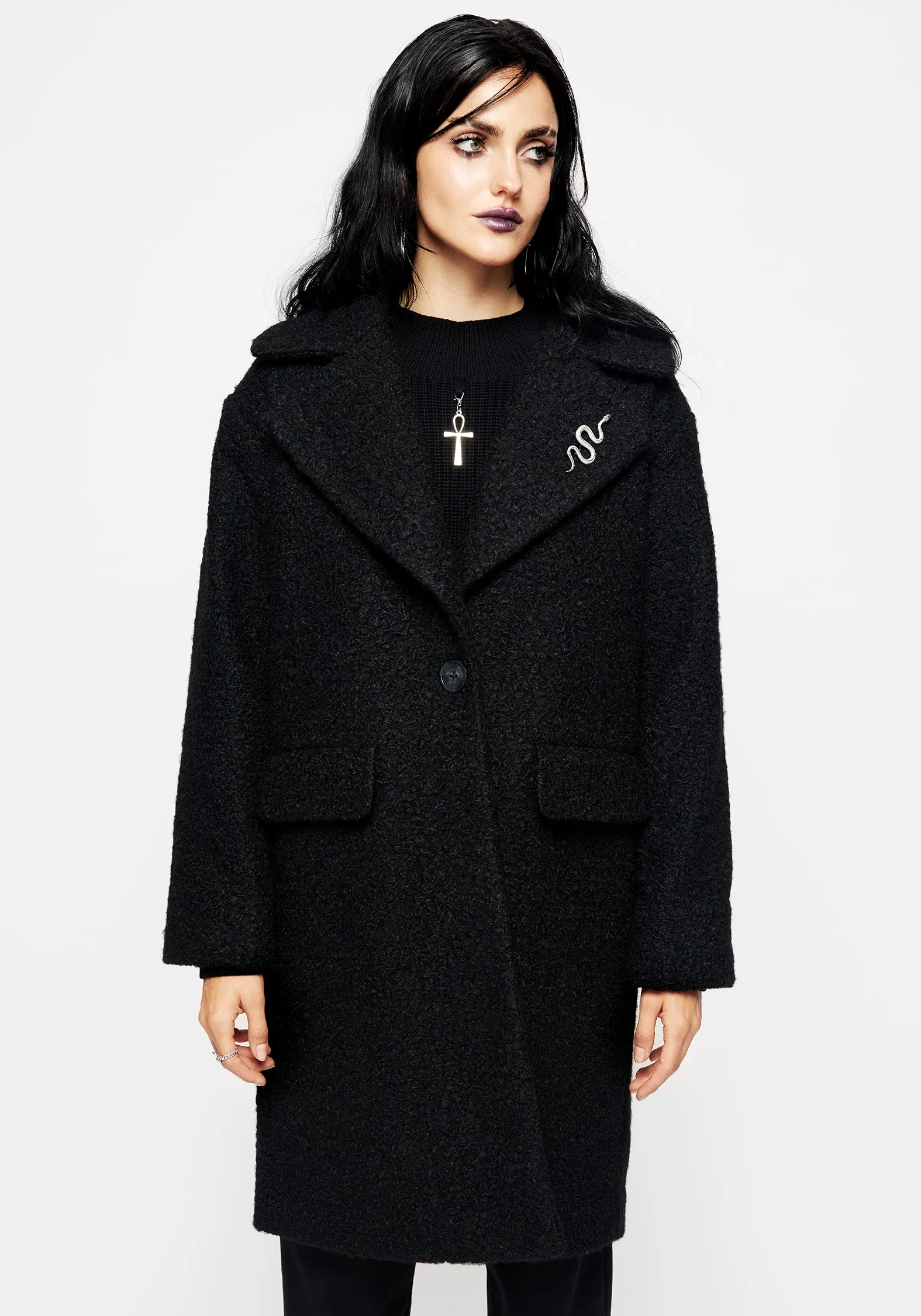 Gorgon Boucl?? Oversized Coat with Snake Brooch - Black Durable Construction Ergonomic Silhouette