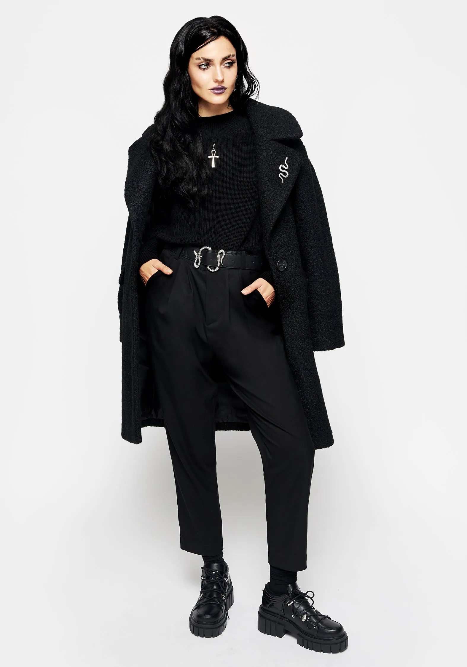 Gorgon Boucl?? Oversized Coat with Snake Brooch - Black PocketPlacement Stitched Look