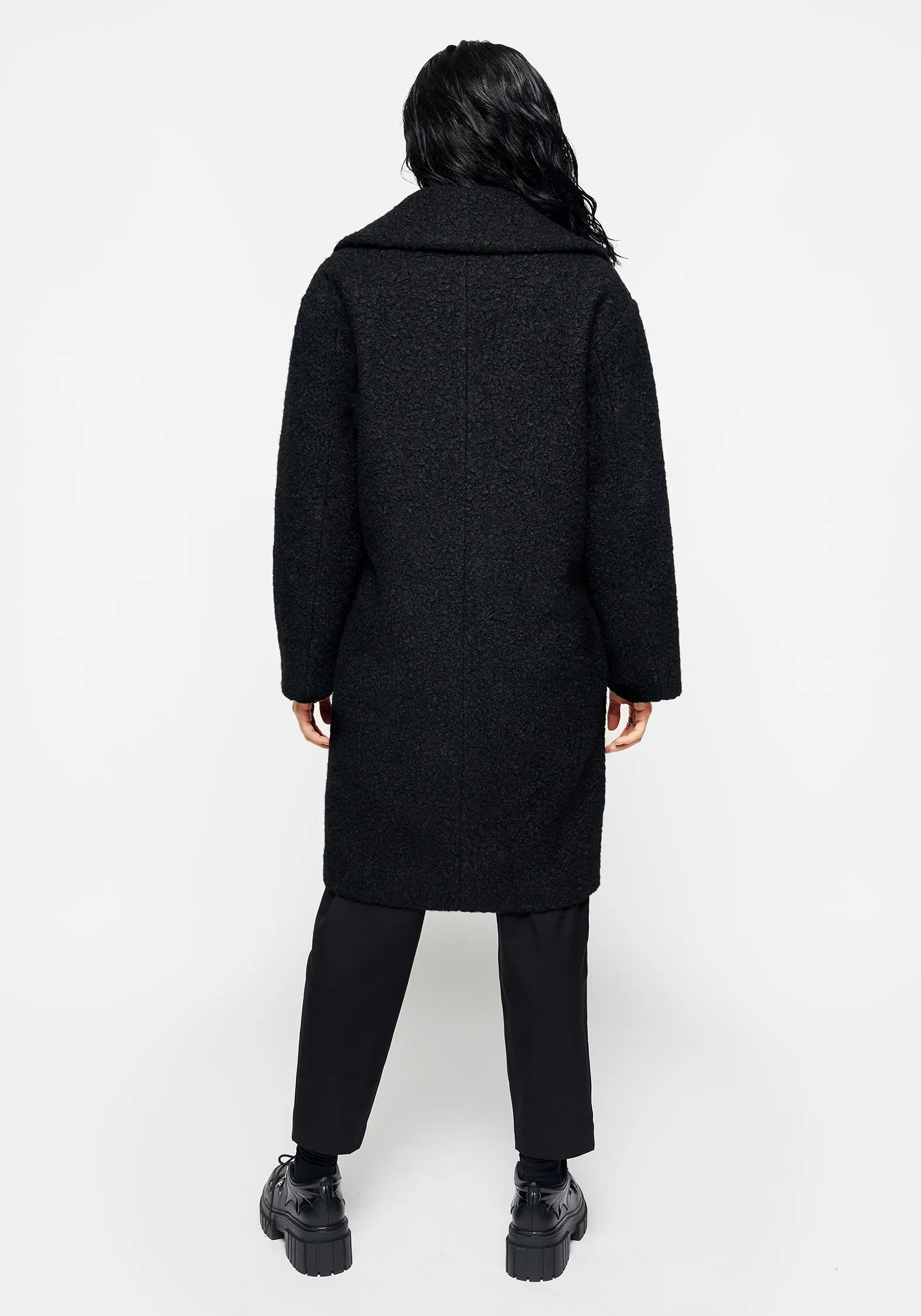 Gorgon Boucl?? Oversized Coat with Snake Brooch - Black Faux Fur Collar