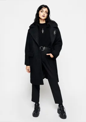 Airy Cloth Gorgon Boucl?? Oversized Coat with Snake Brooch - Black