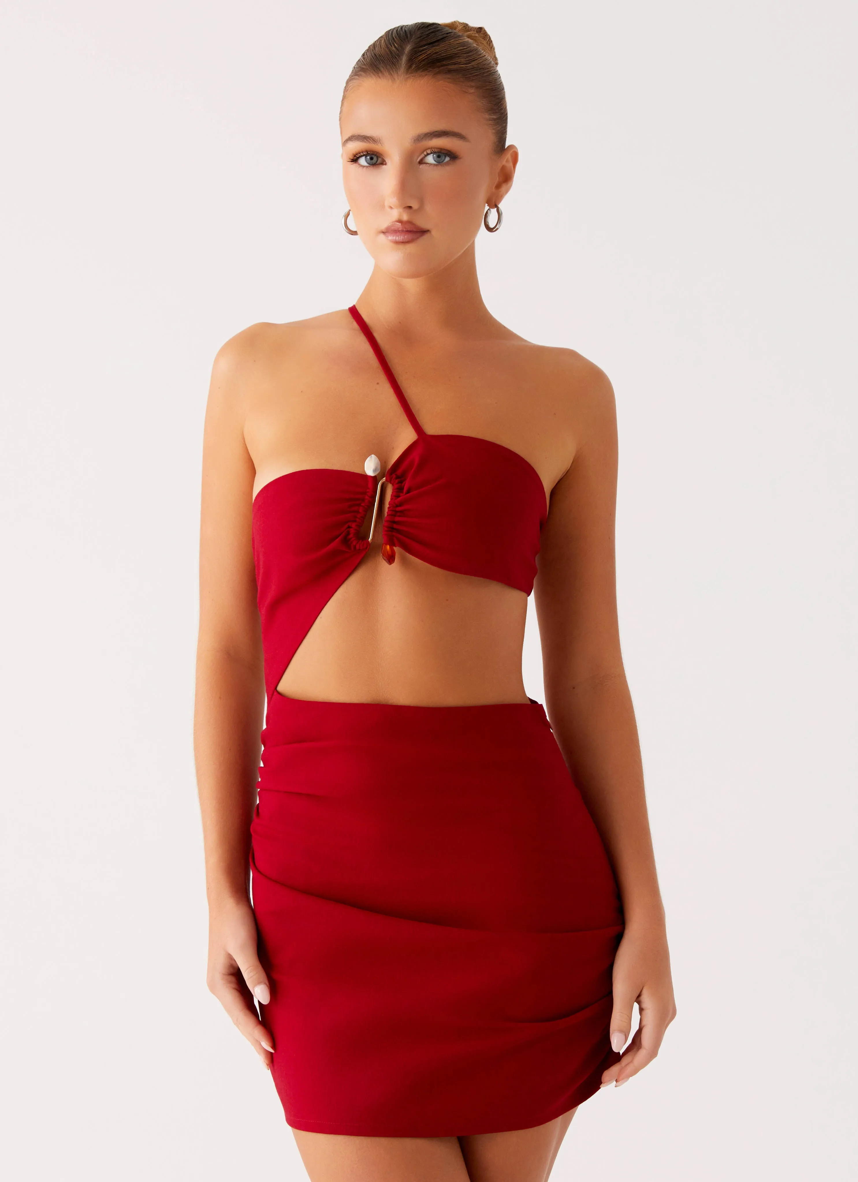 Moisture wicking Pleated Construction Gossip Mini Dress - Red