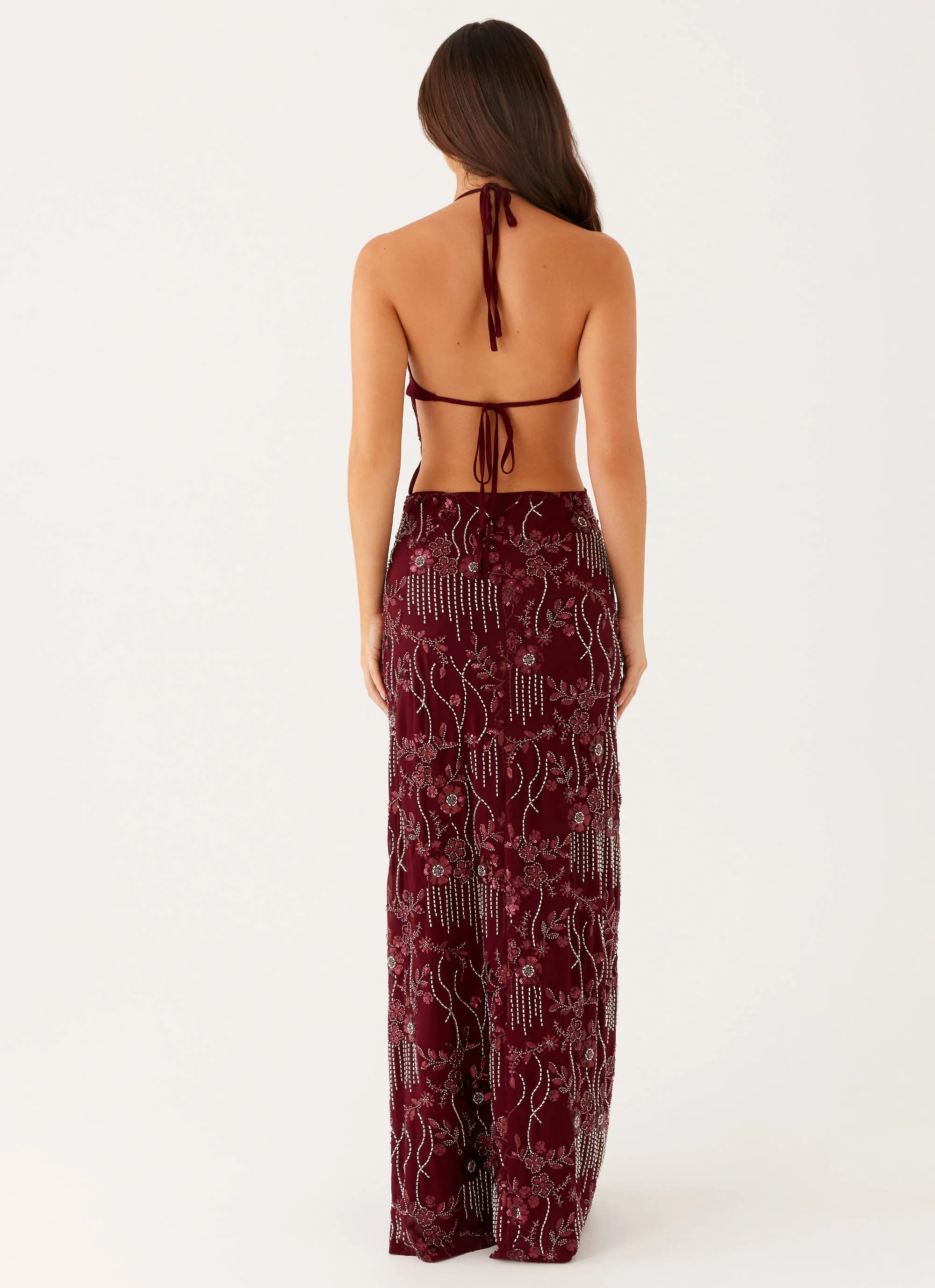 All For Love Maxi Dress - Burgundy Skirt Flare Evening Ready