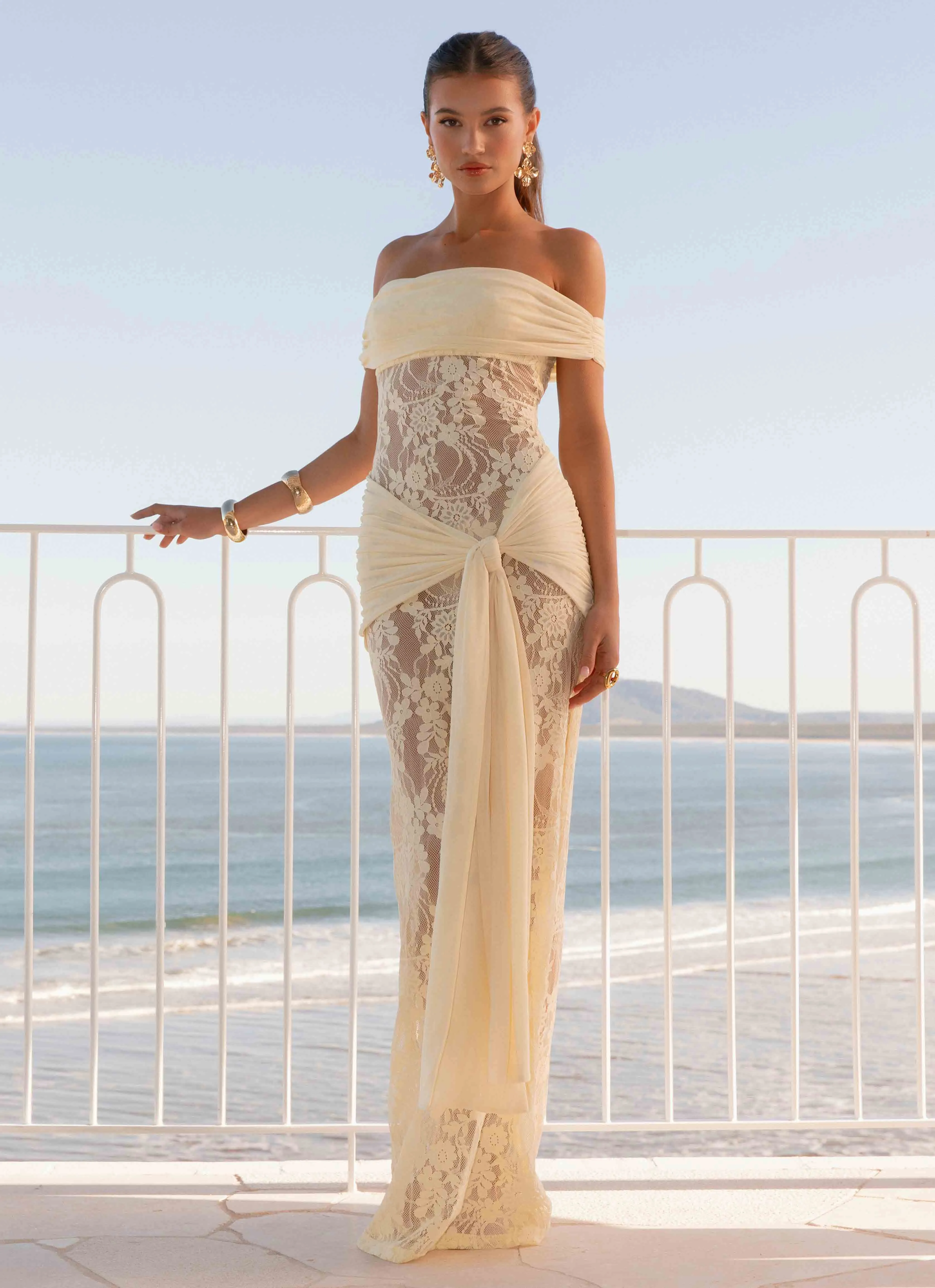 Water-resistant Drapey Fabric Gracie Twist Maxi Dress - Yellow