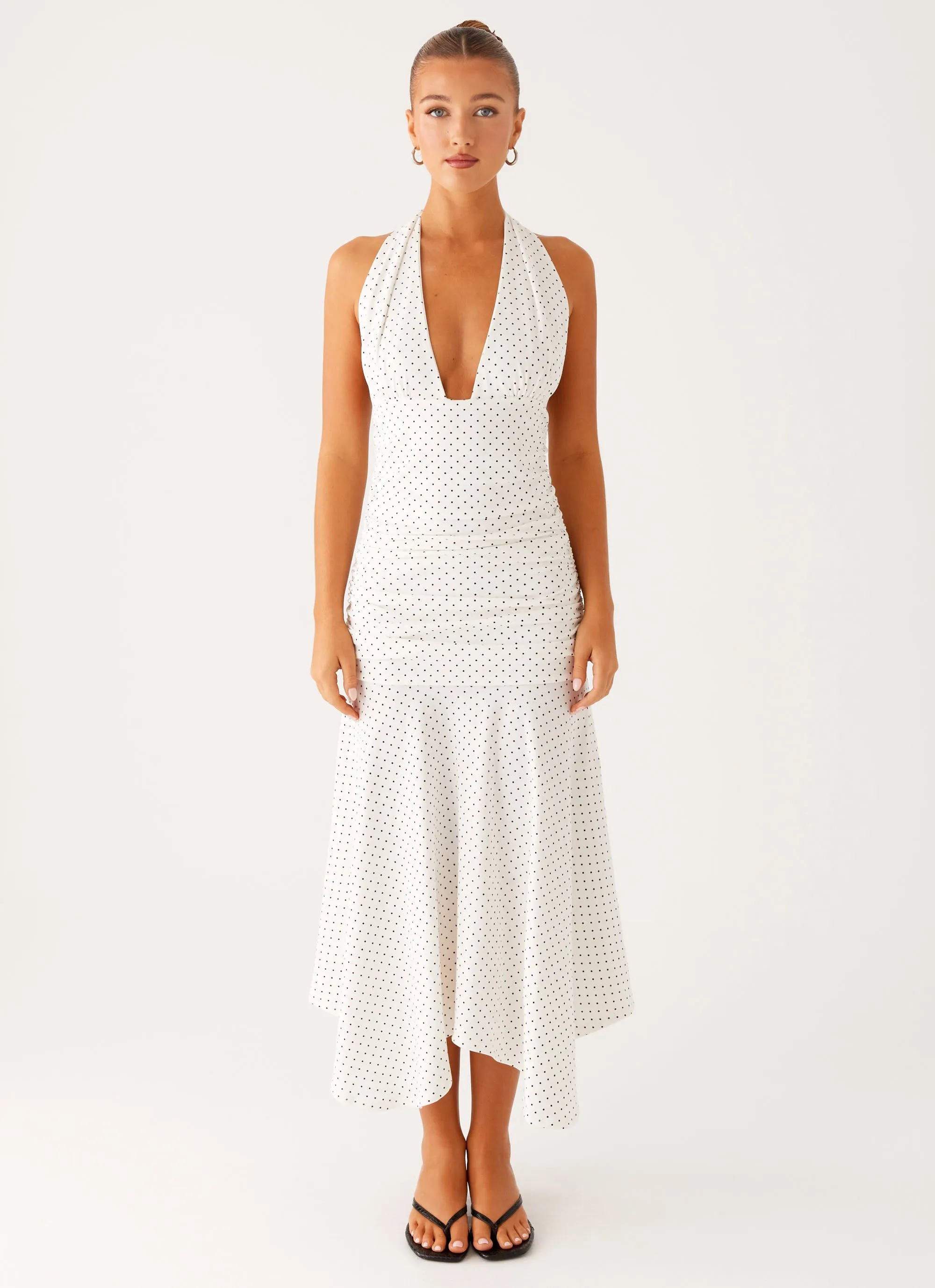 Grettana Halter Neck Midi Dress - White Polka Dot Button-Cuff Summer Wear