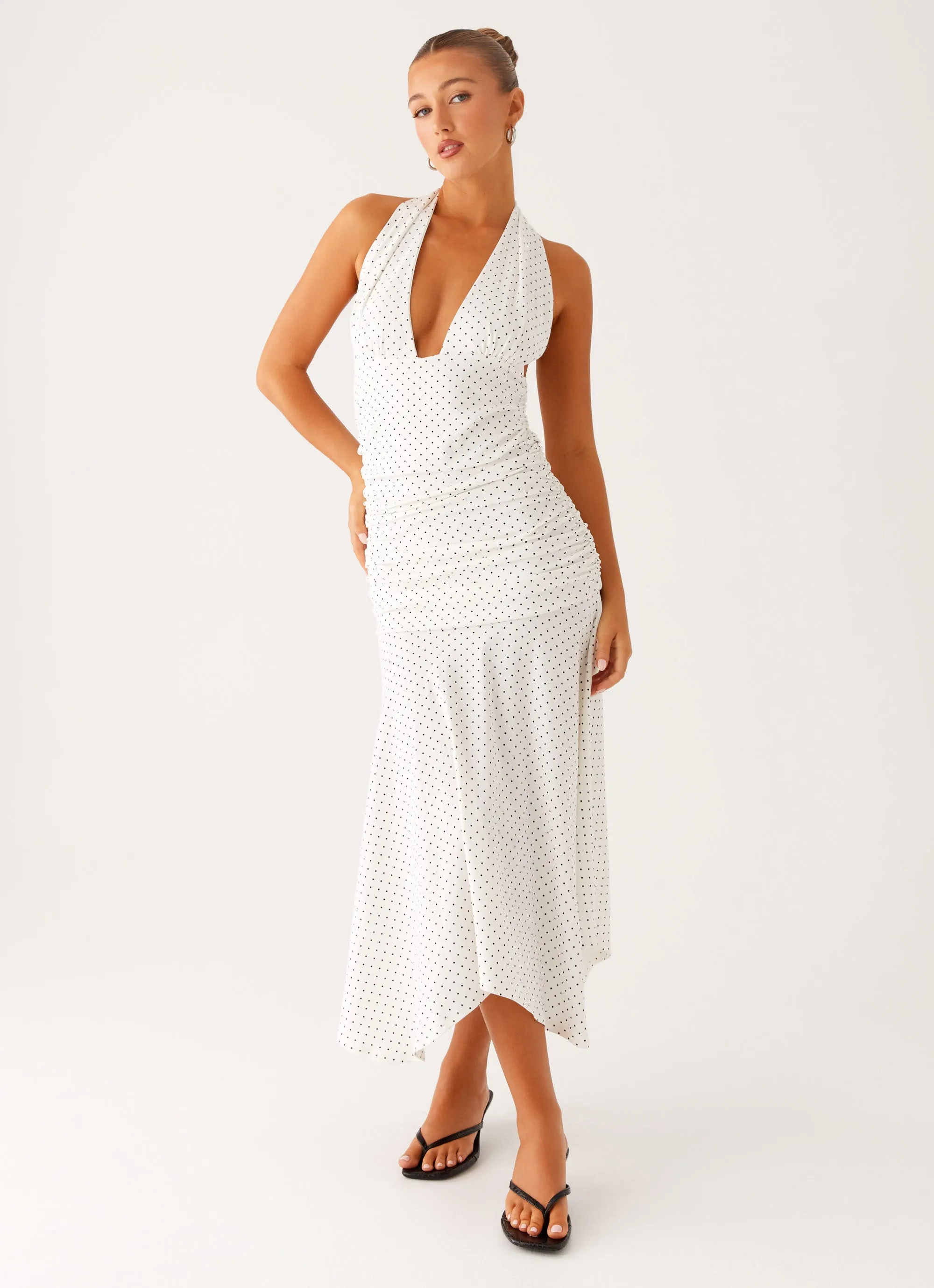Grettana Halter Neck Midi Dress - White Polka Dot Summer Friendly Delicate Lines