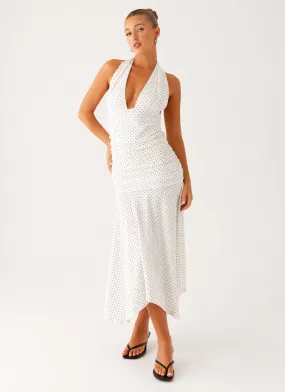 Grettana Halter Neck Midi Dress - White Polka Dot Summer Friendly Delicate Lines
